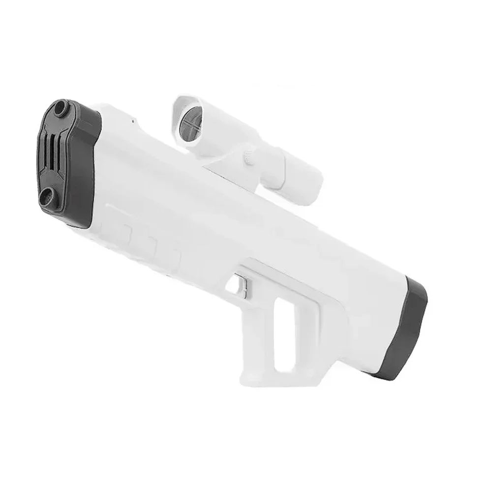 White and black futuristic water gun with scope on a plain background