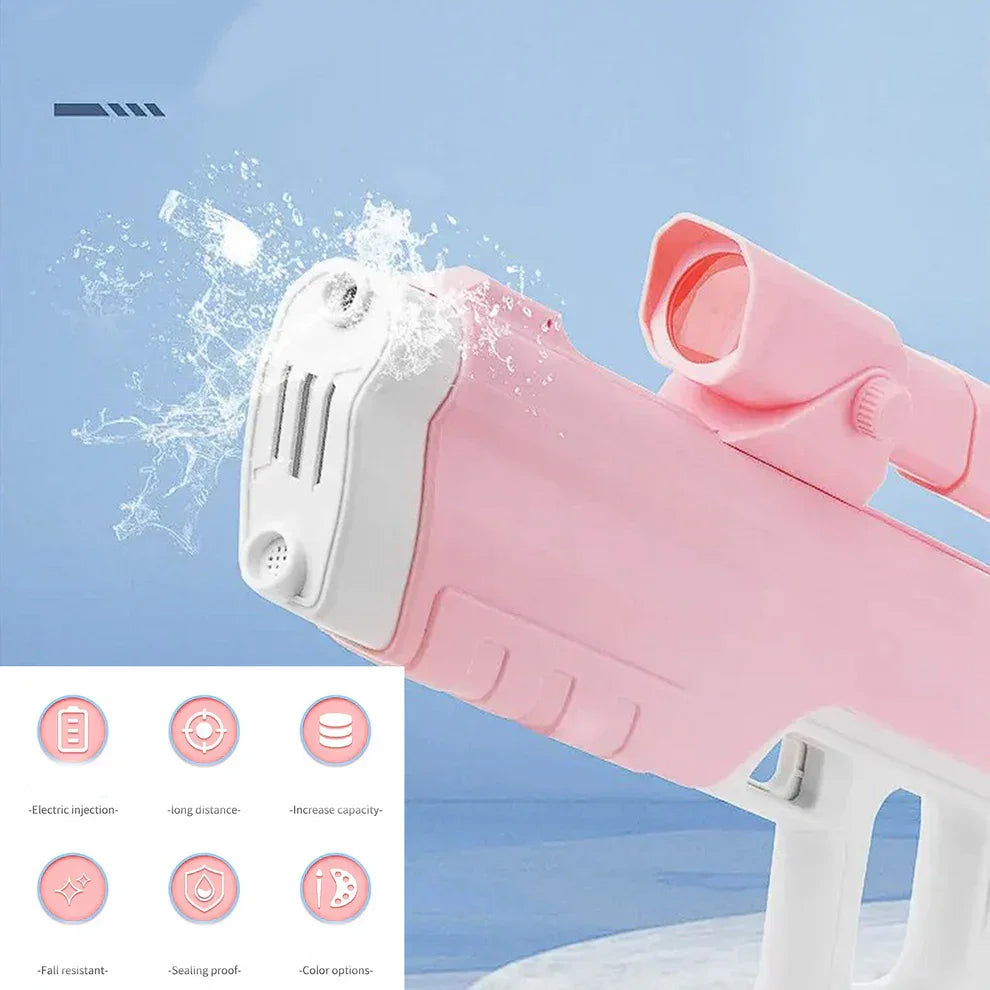 Pink electric water gun spraying water, plastic body, feature icons on blue background