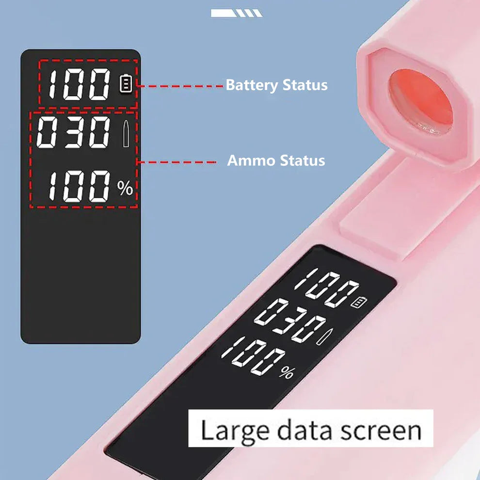Pink water gun with digital display showing battery, ammo status, and large data screen