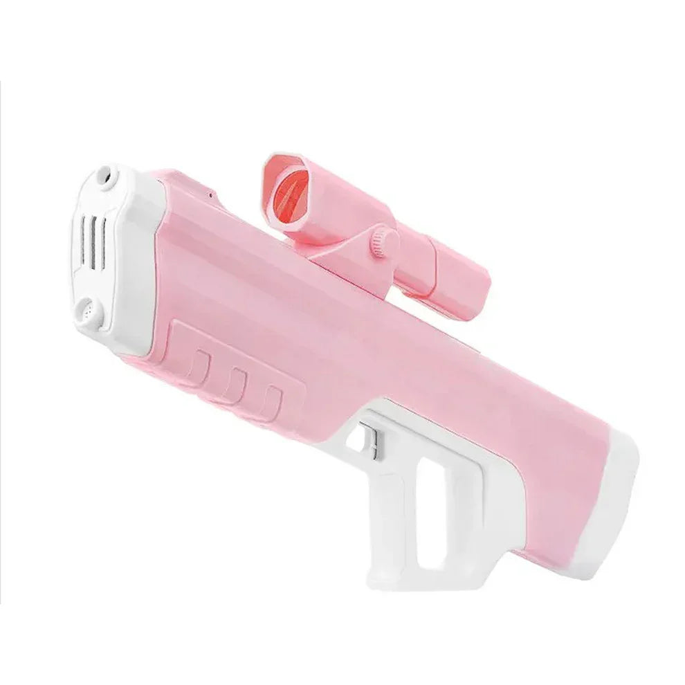 Pink and white water gun with scope on white background.