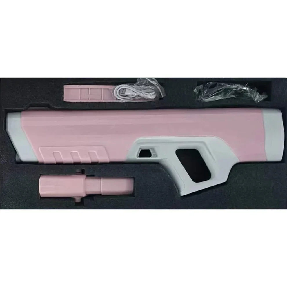 Pink and white electric water gun set with charging cable in foam packaging