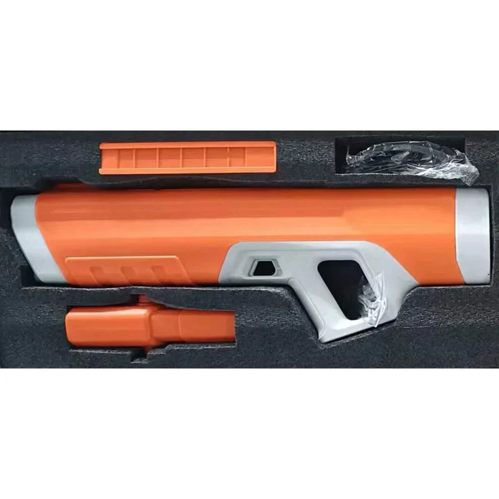 Orange and gray electric water gun set in foam packaging, water toy blaster components visible