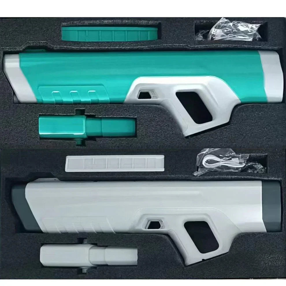 Electric water guns set in foam packaging, teal and white color, with accessories included