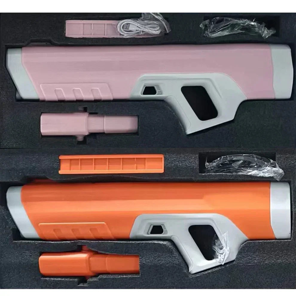 Electric water guns pink and orange with accessories in foam packaging