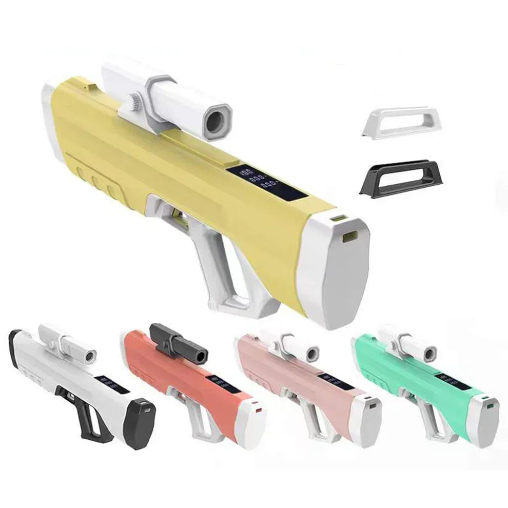 Colorful futuristic water guns with digital display and removable handles on white background