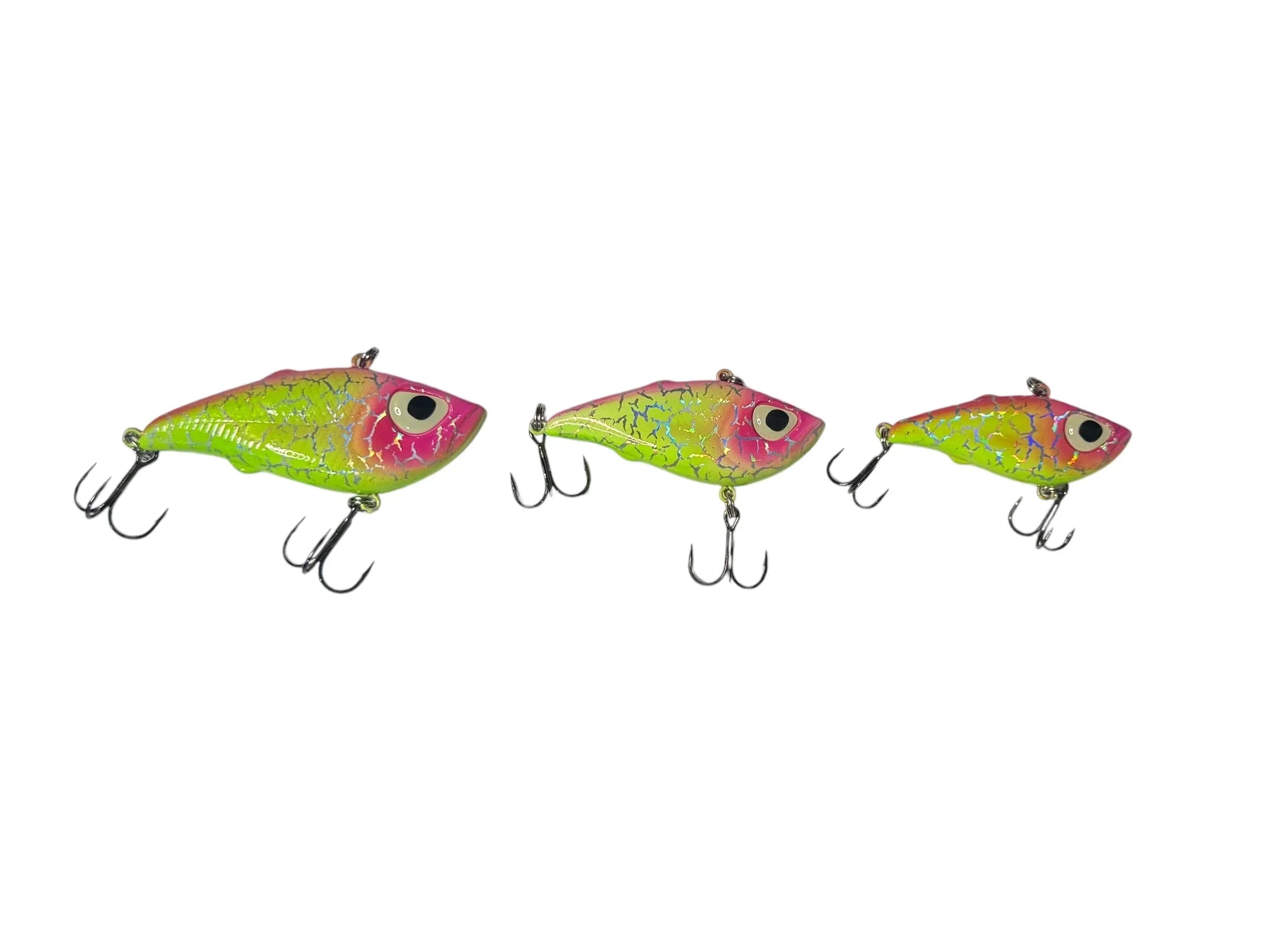 Three vibrant Lightning Lemonade fishing lures with neon yellow and pink crackle patterns