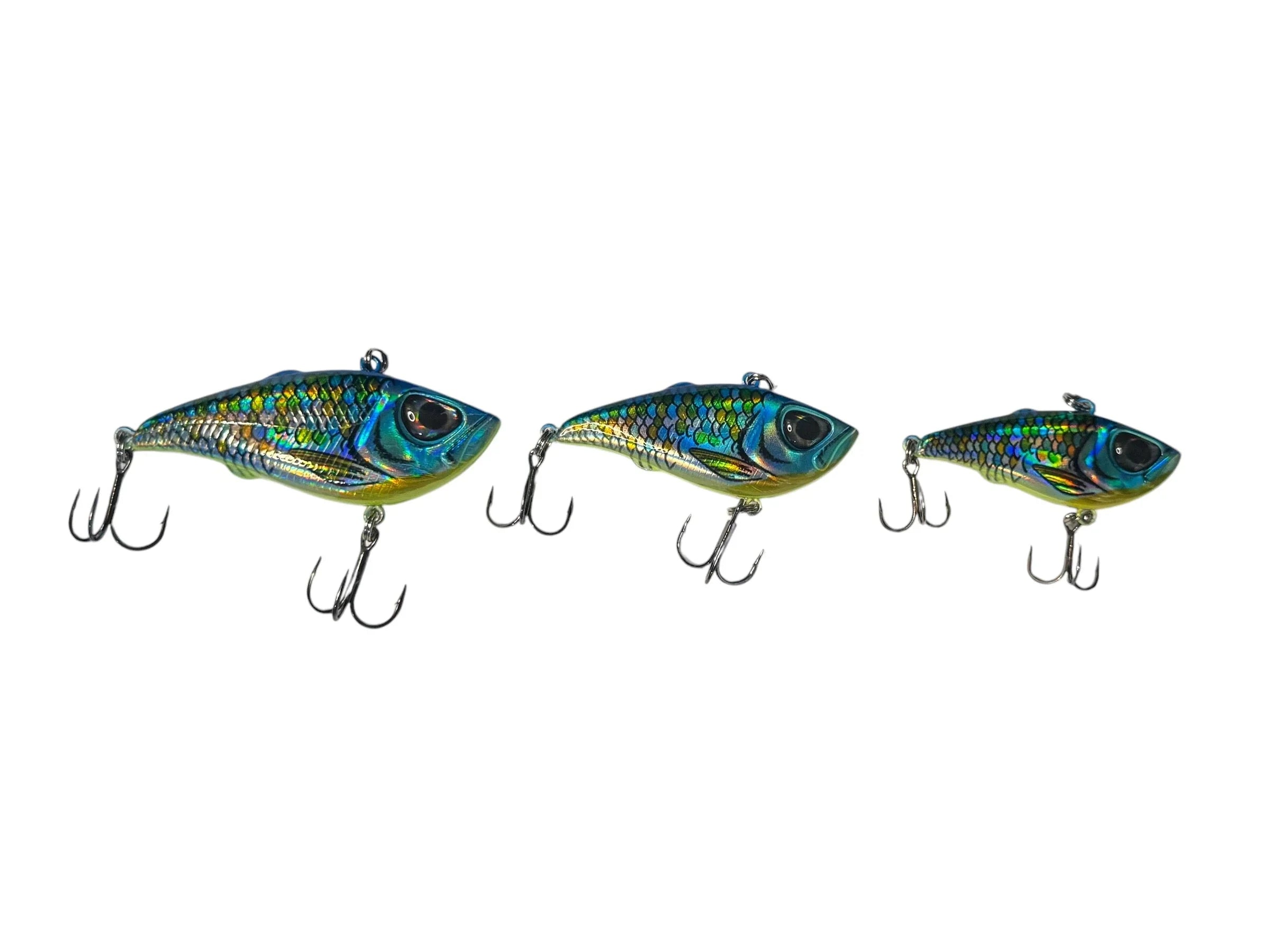 Three iridescent fish-shaped fishing lures with treble hooks on white background