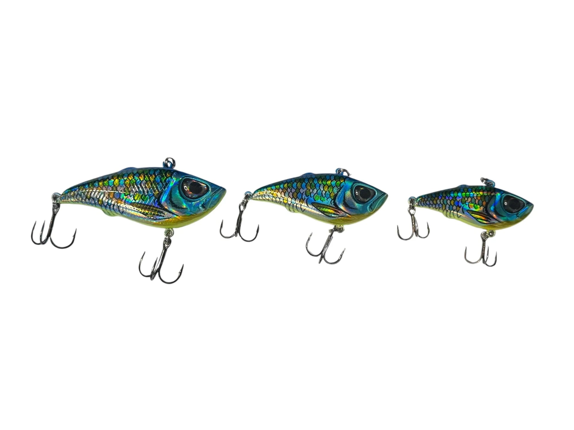 Three iridescent fish-shaped fishing lures with treble hooks on white background