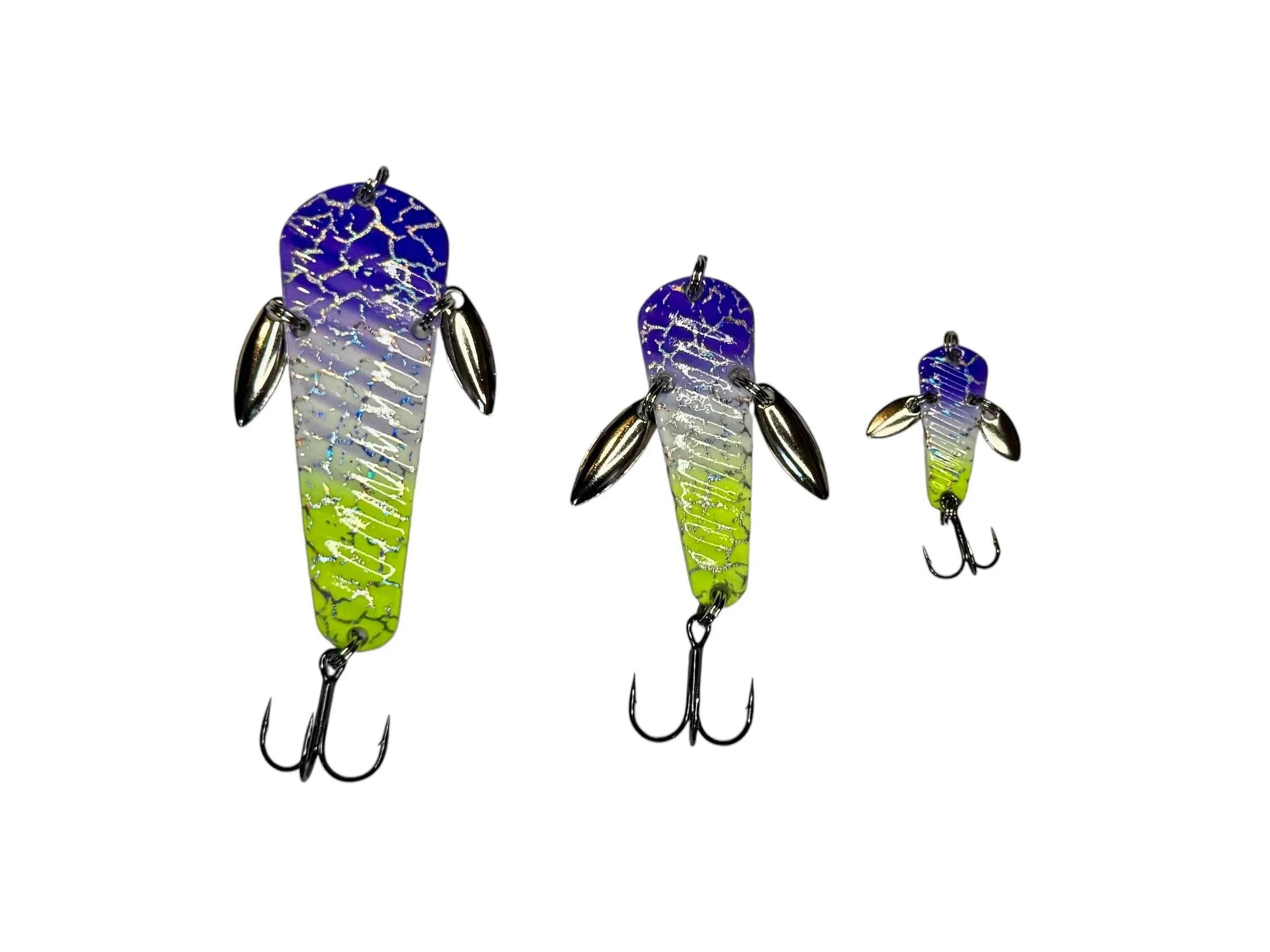 Three colorful fishing lures with blue, silver, and yellow patterns and treble hooks