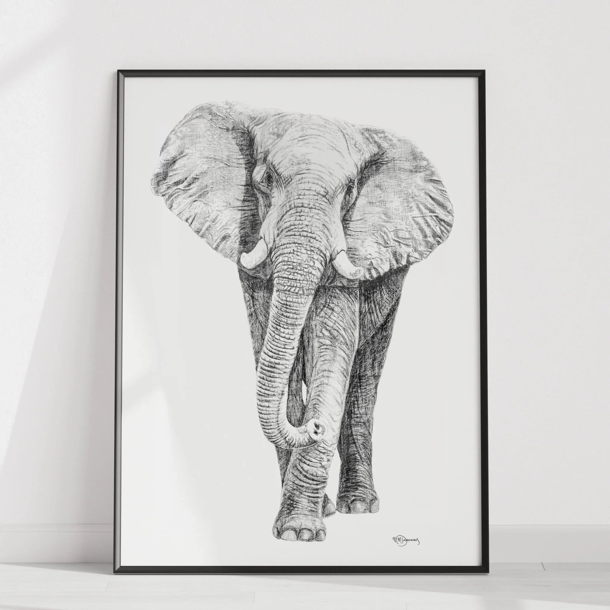 Black and white elephant illustration in a frame on a white wall, minimalist decor
