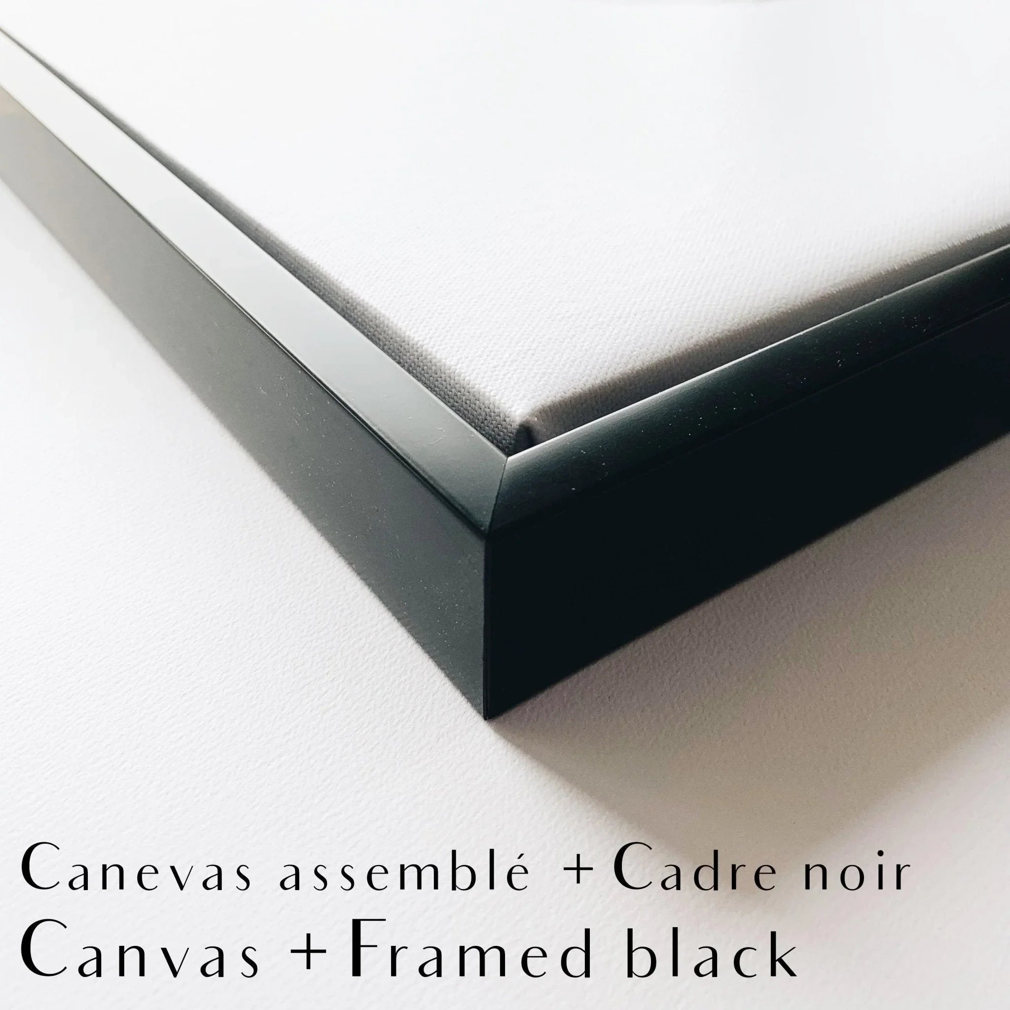 Close-up of a black framed canvas, modern minimalist wall art display.