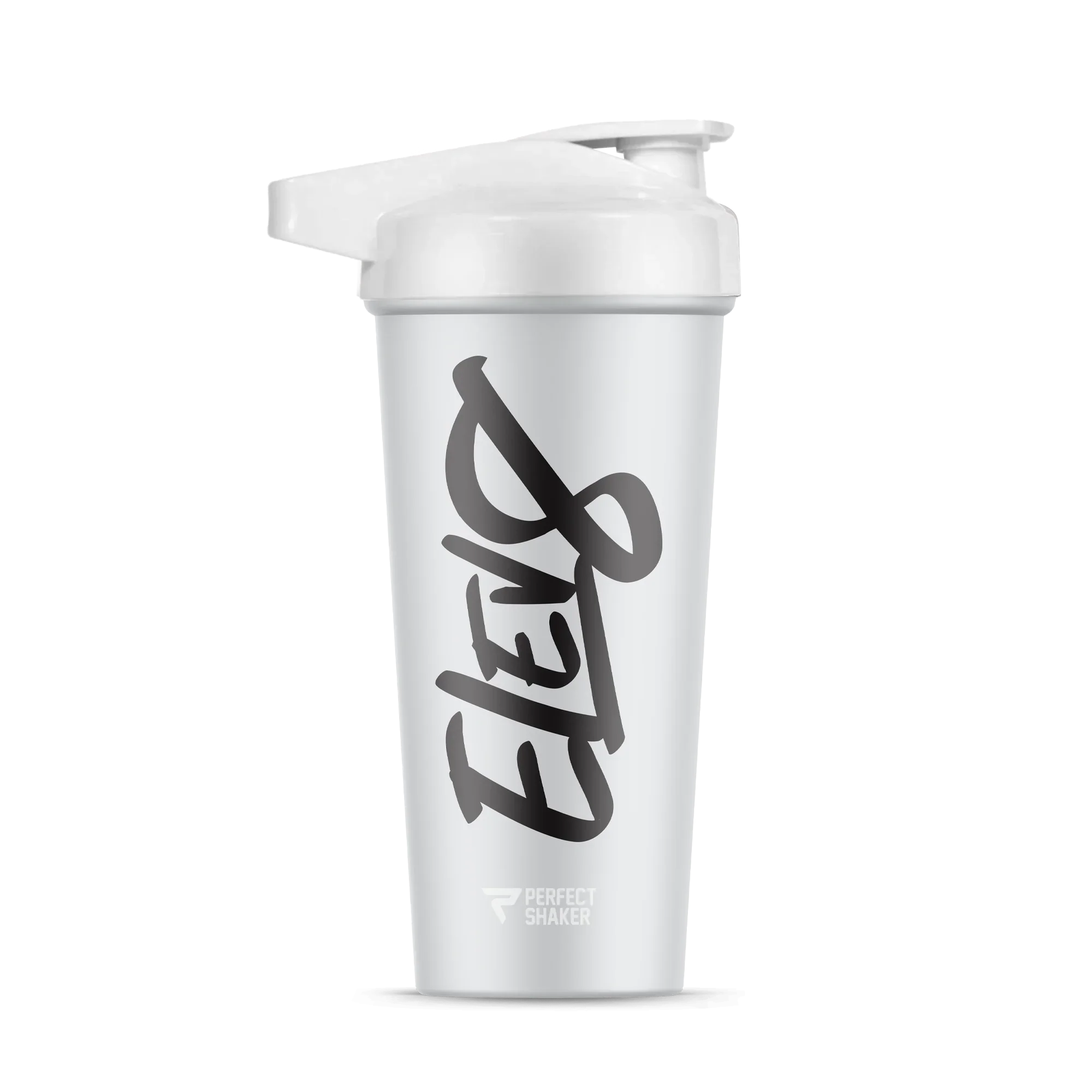 White Elev8 protein shaker bottle with black script logo and secure flip lid