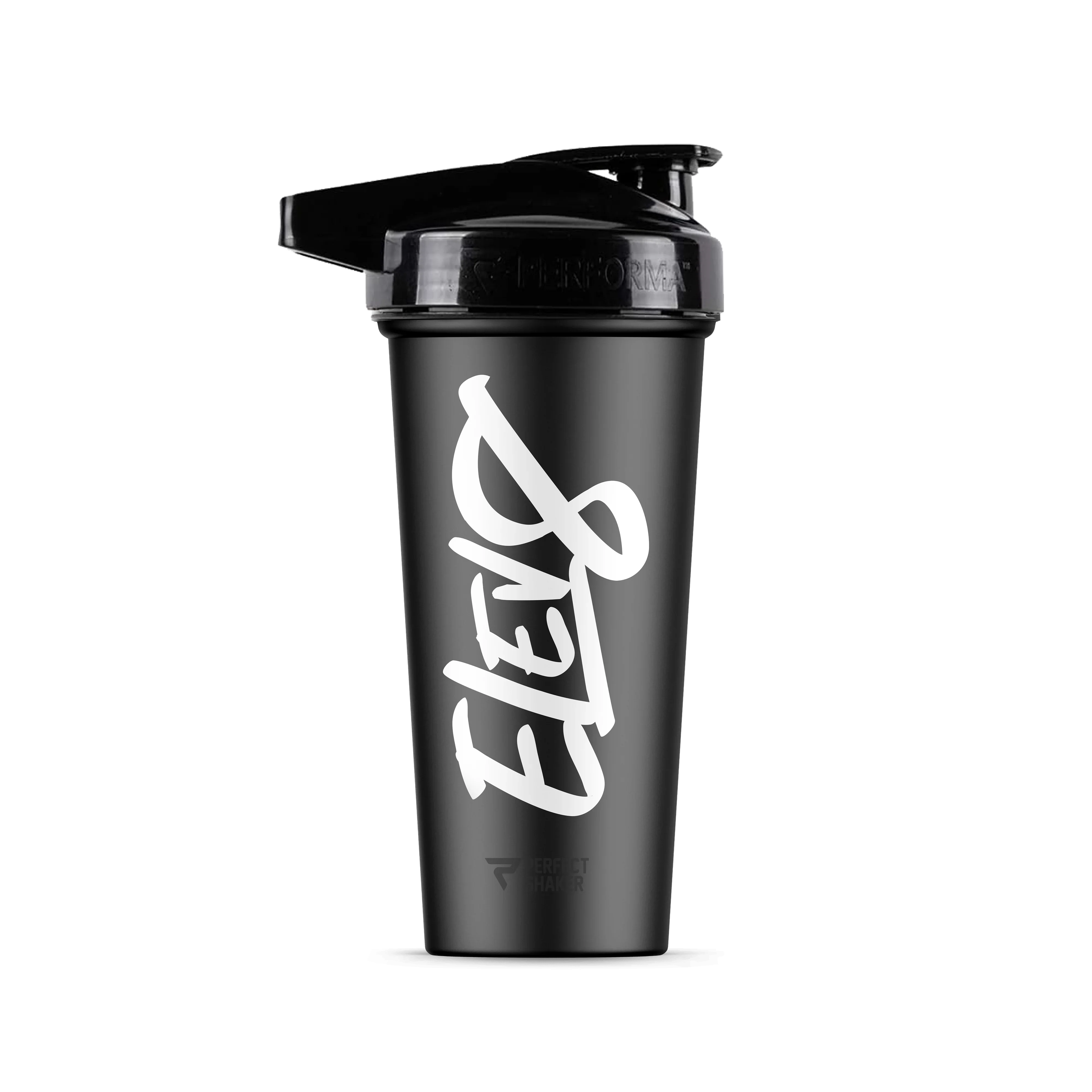 Black Elev8 protein shaker bottle with white logo and flip-top lid
