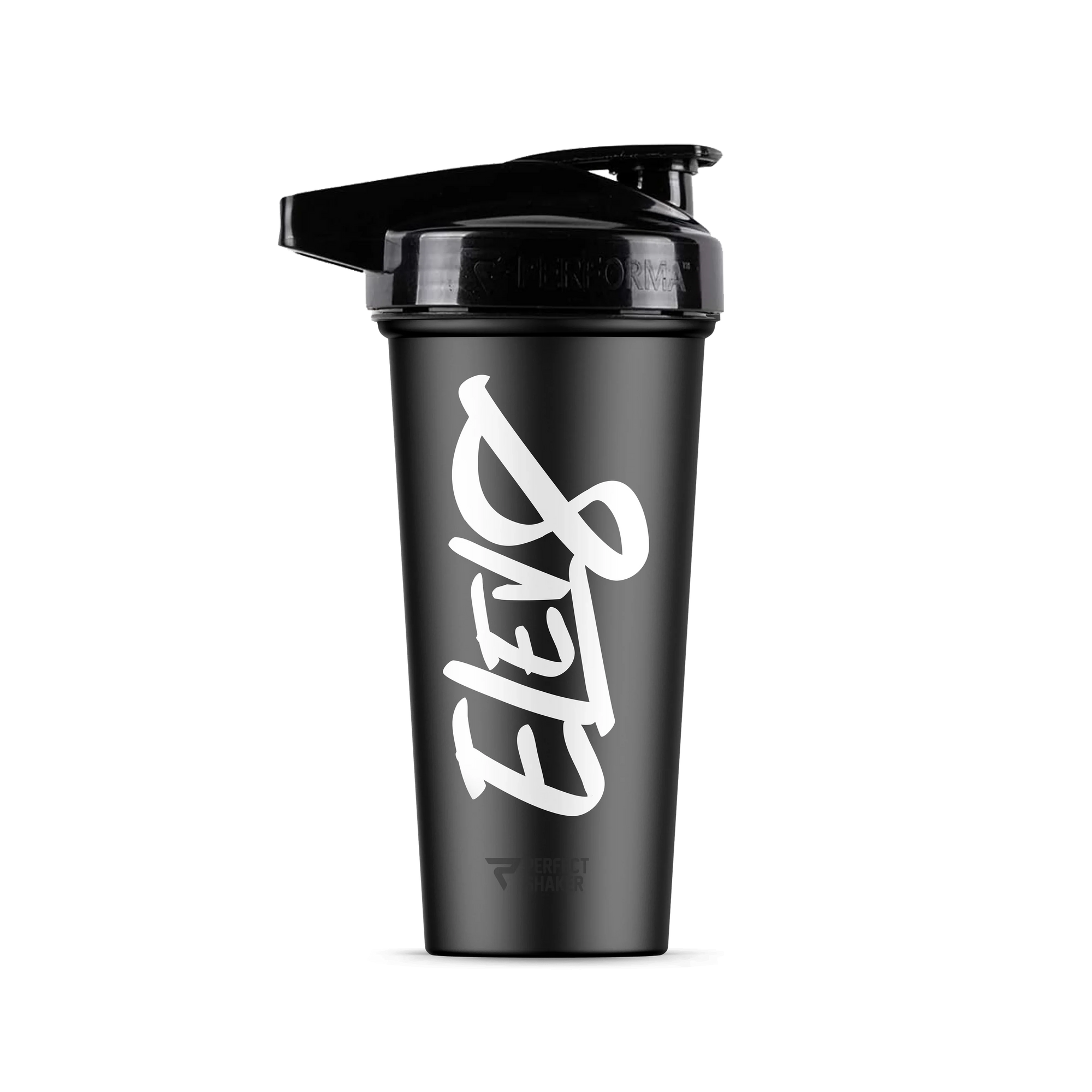 Black Elev8 protein shaker bottle with large white logo and flip-top lid