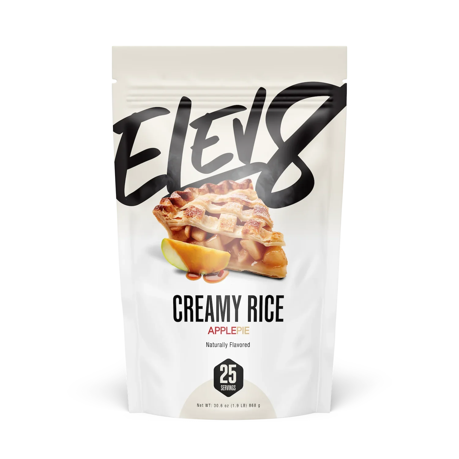 Elev8 Creamy Rice Apple Pie flavored protein powder bag with slice of apple pie on front