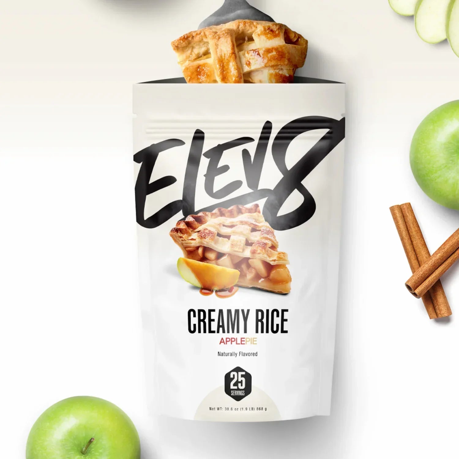 Elev8 Creamy Rice Apple Pie flavor packet with pie, green apples, and cinnamon sticks