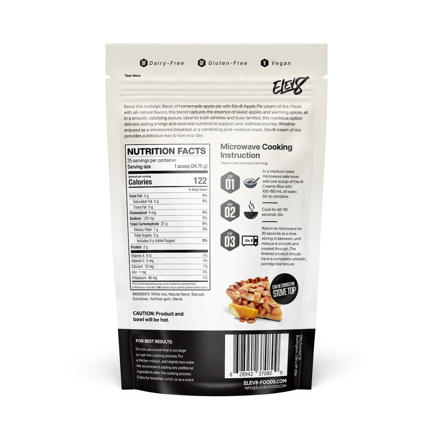 Back of Elev8 Apple Pie Cream of Rice package with nutrition facts, cooking instructions, and a bowl of apple pie-flavored rice.