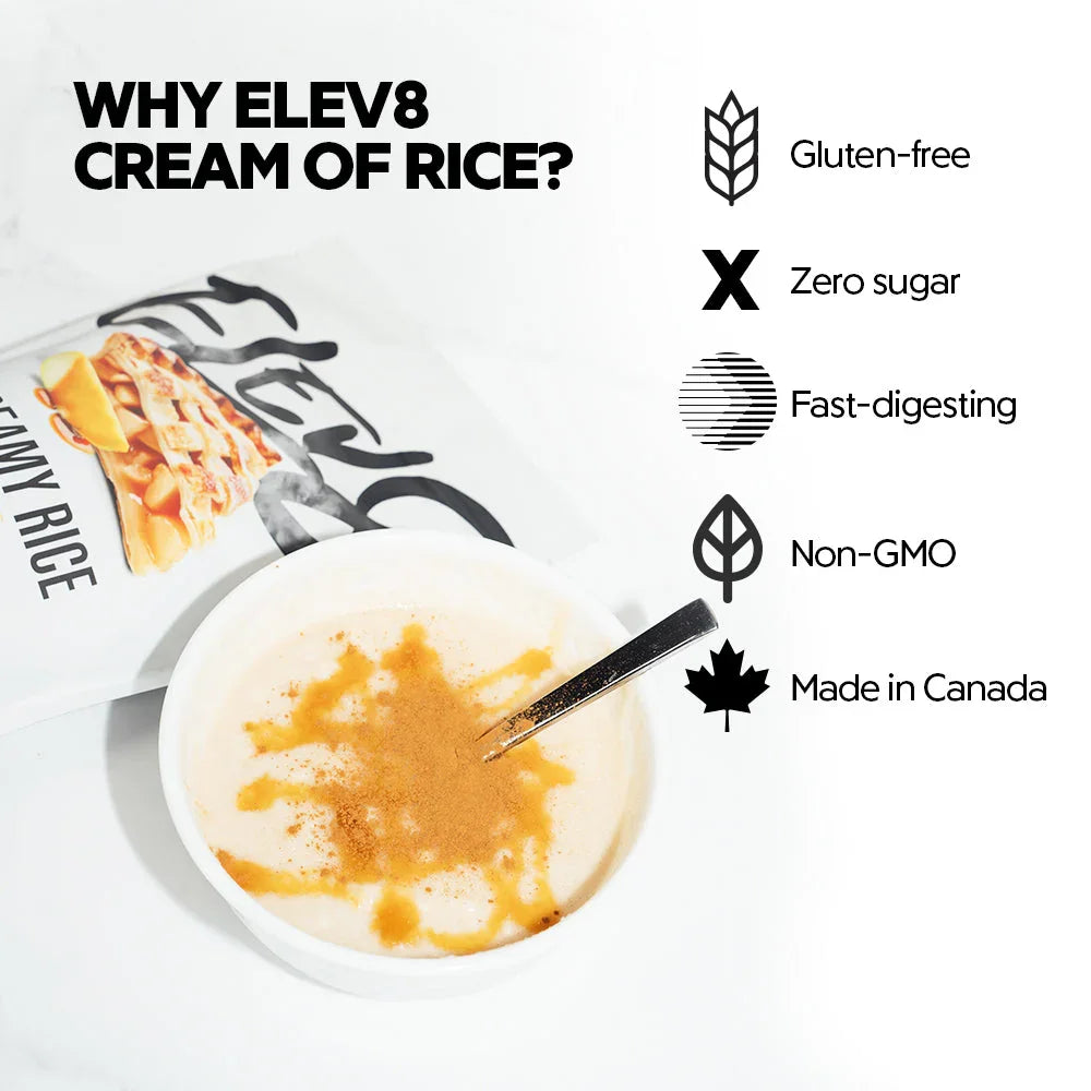Elev8 cream of rice bowl with cinnamon, packaging and product benefits on white background