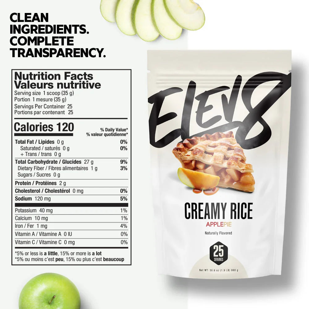 Elev8 Creamy Rice Apple Pie flavor pouch with nutrition facts, green apples, and pie slice.
