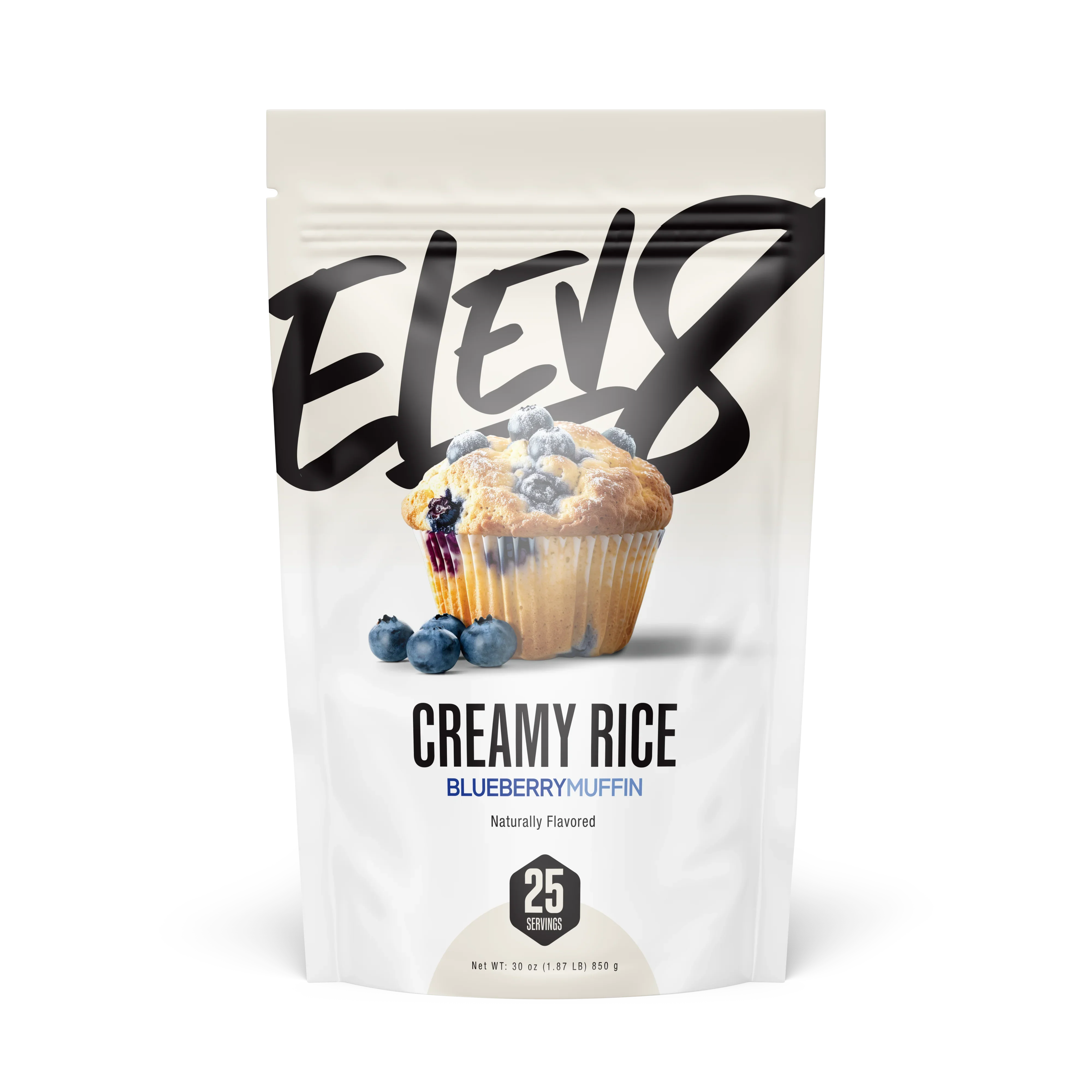 Elev8 Creamy Rice Blueberry Muffin flavor pouch with muffin and blueberries on front