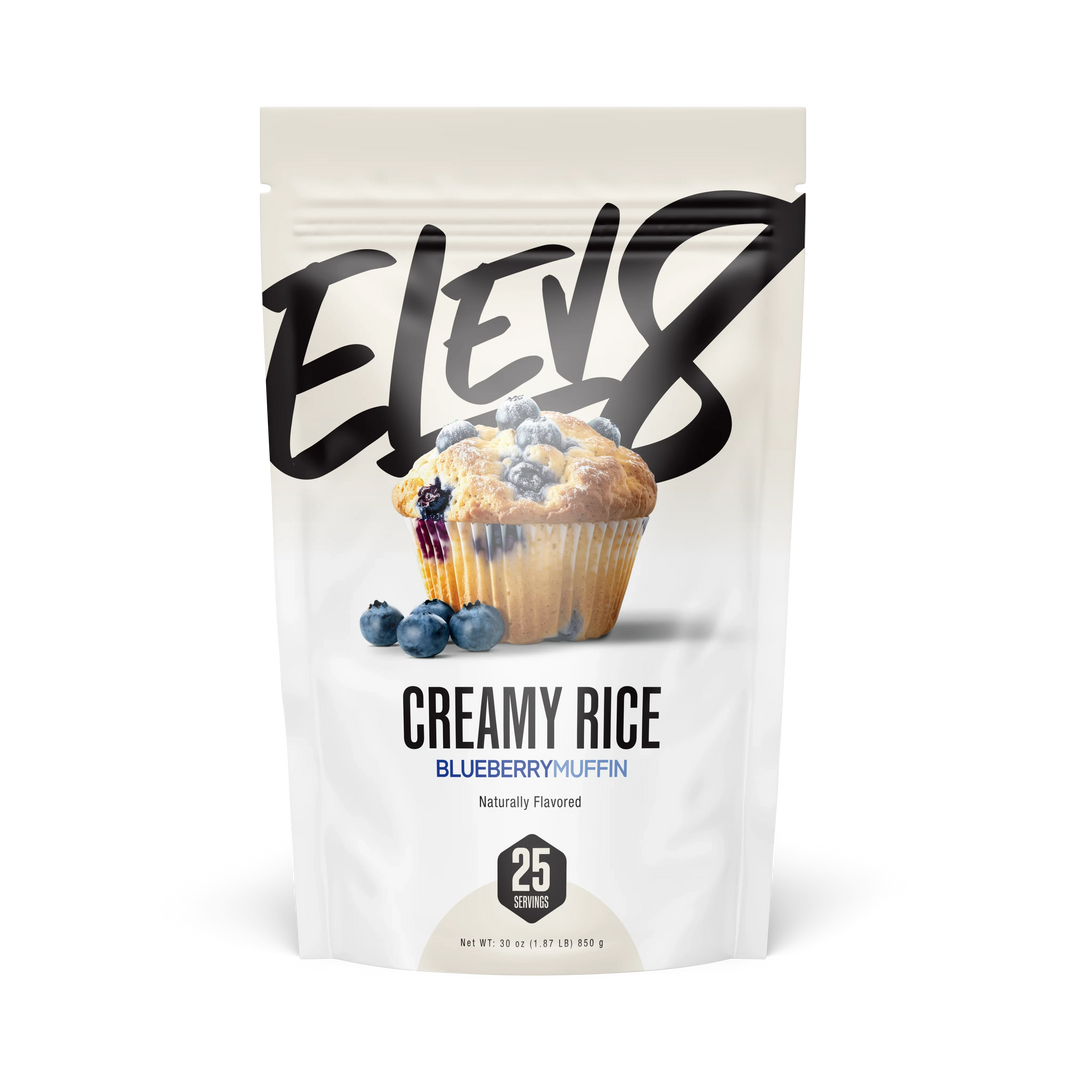 Elev8 Creamy Rice Blueberry Muffin flavor pouch with muffin and blueberries on front