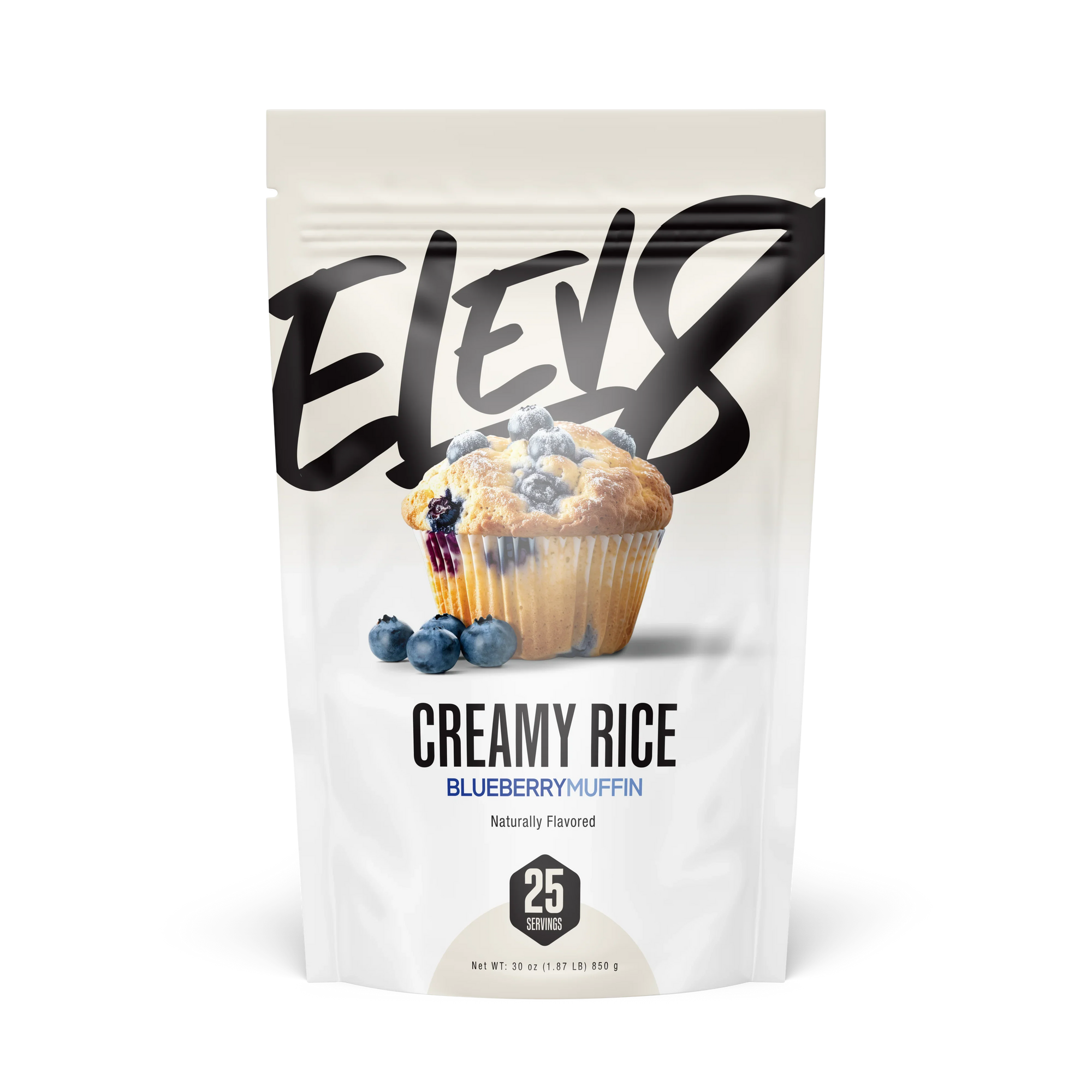 Elev8 Creamy Rice Blueberry Muffin flavor pouch with muffin and blueberries on front