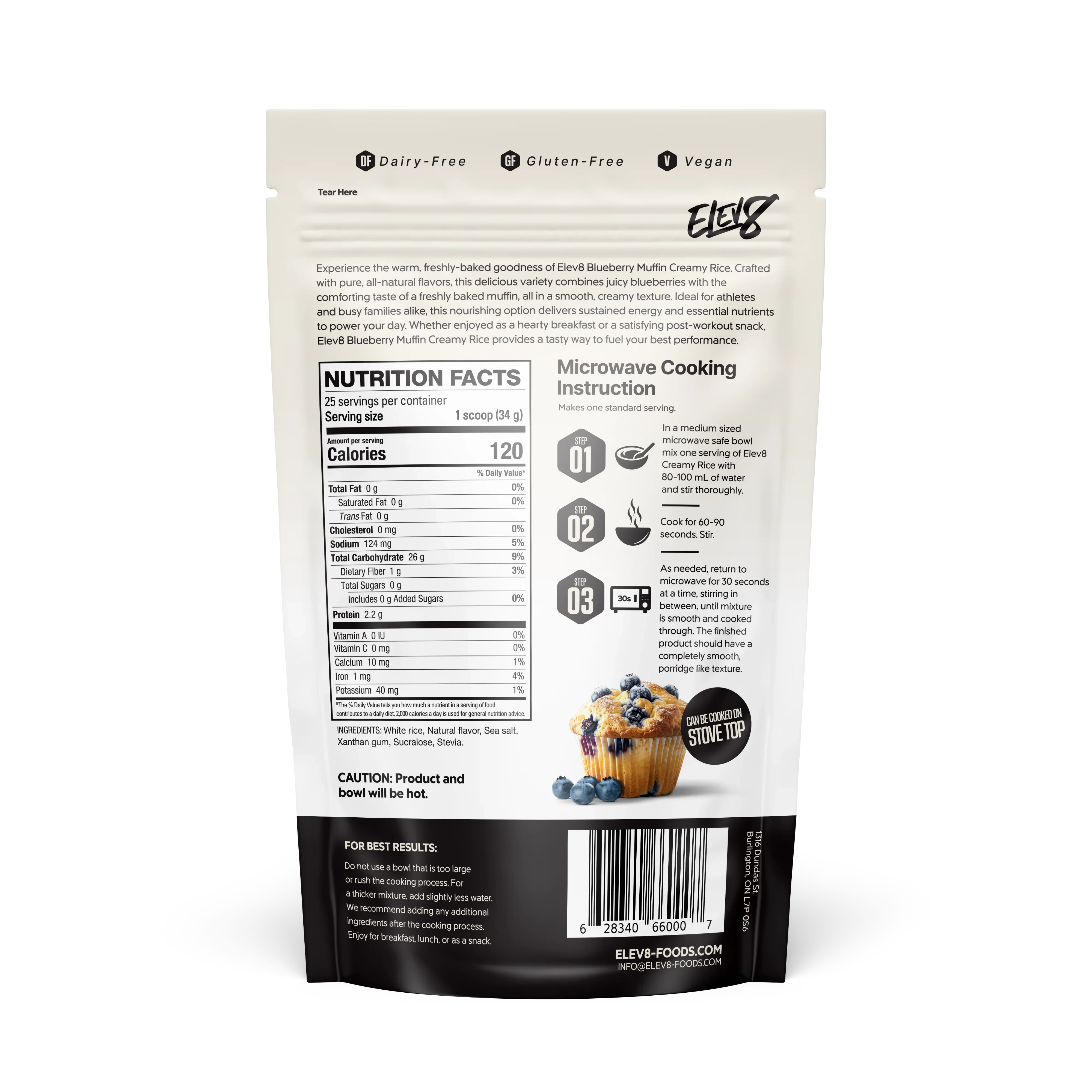 Back of Elev8 Blueberry Muffin Creamy Rice pouch with nutrition facts and instructions