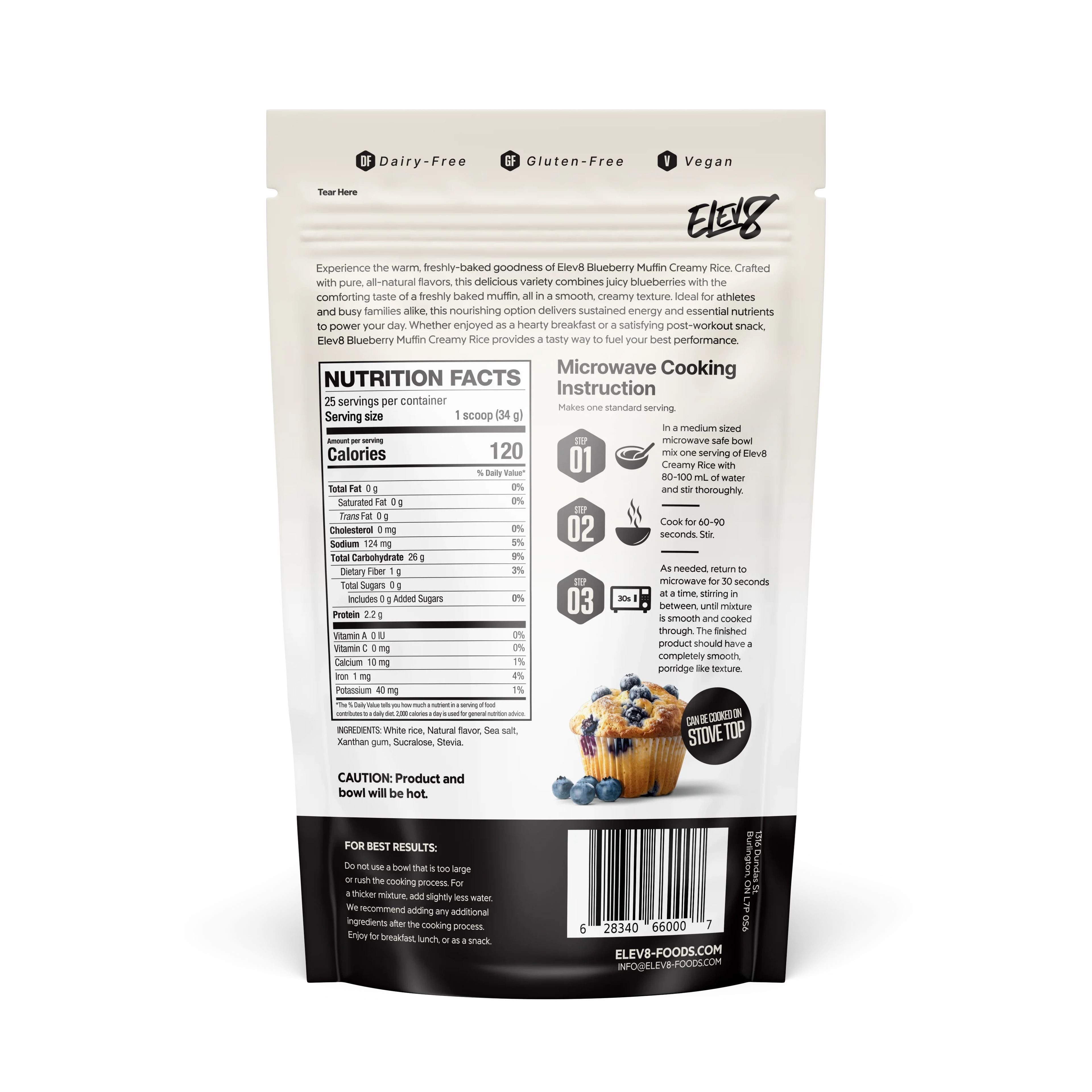 Back of Elev8 Blueberry Muffin Creamy Rice pouch with nutrition facts and instructions