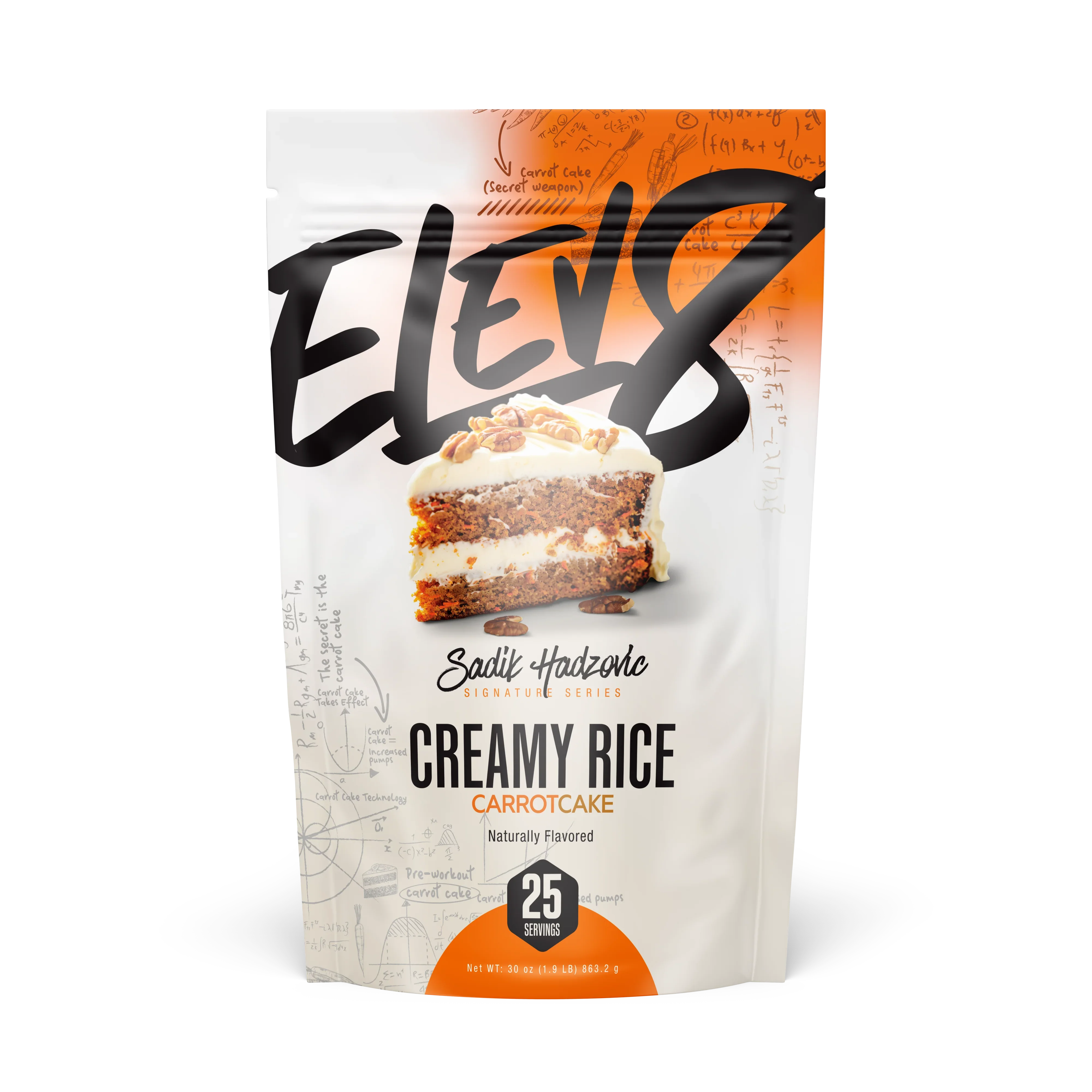 Elev8 Creamy Rice Carrot Cake flavor protein powder pouch with cake image on front