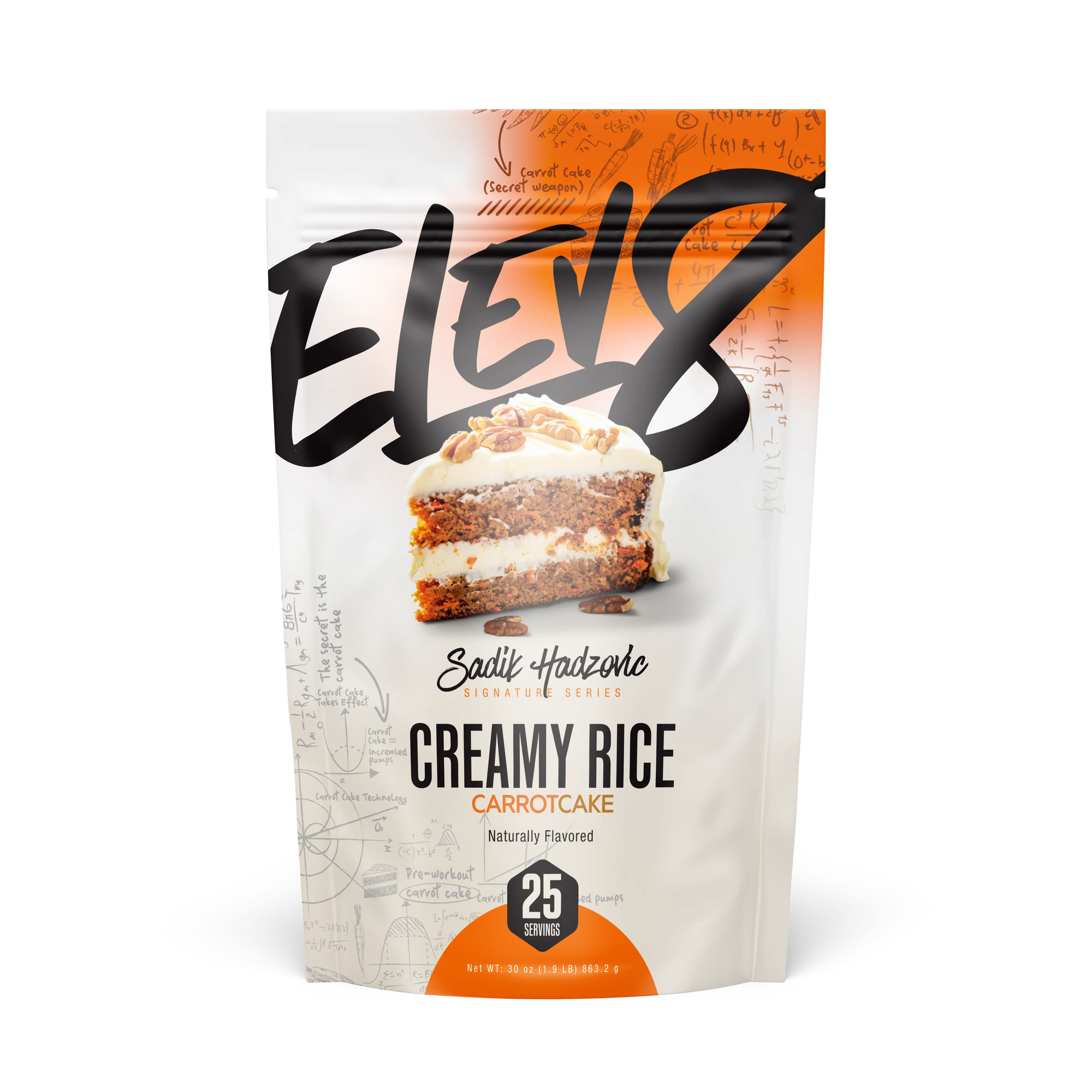 Elev8 Creamy Rice Carrot Cake flavor protein powder pouch with cake image on front