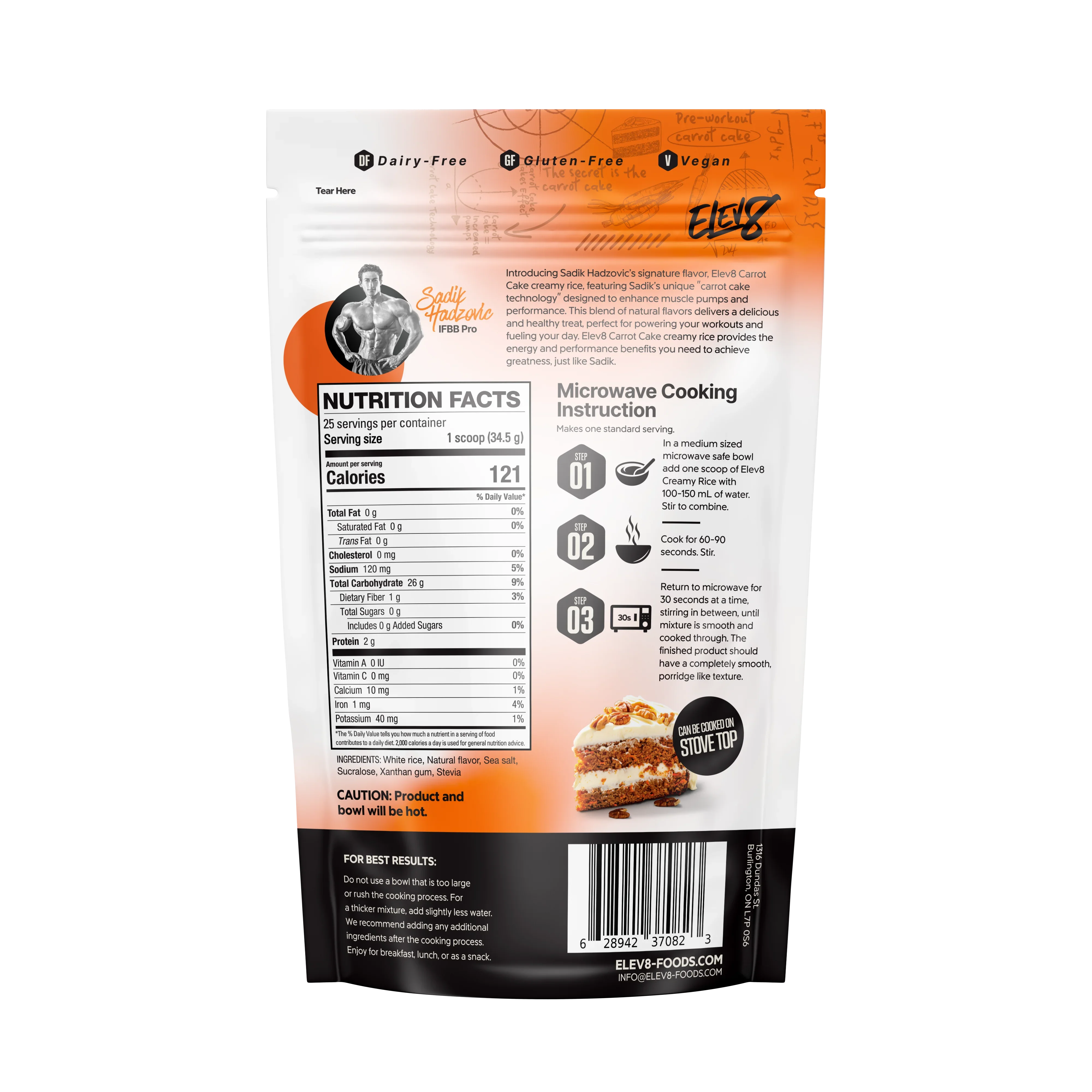 Back of Elev8 Carrot Cake meal mix bag with nutrition facts, cooking instructions, and carrot cake image.