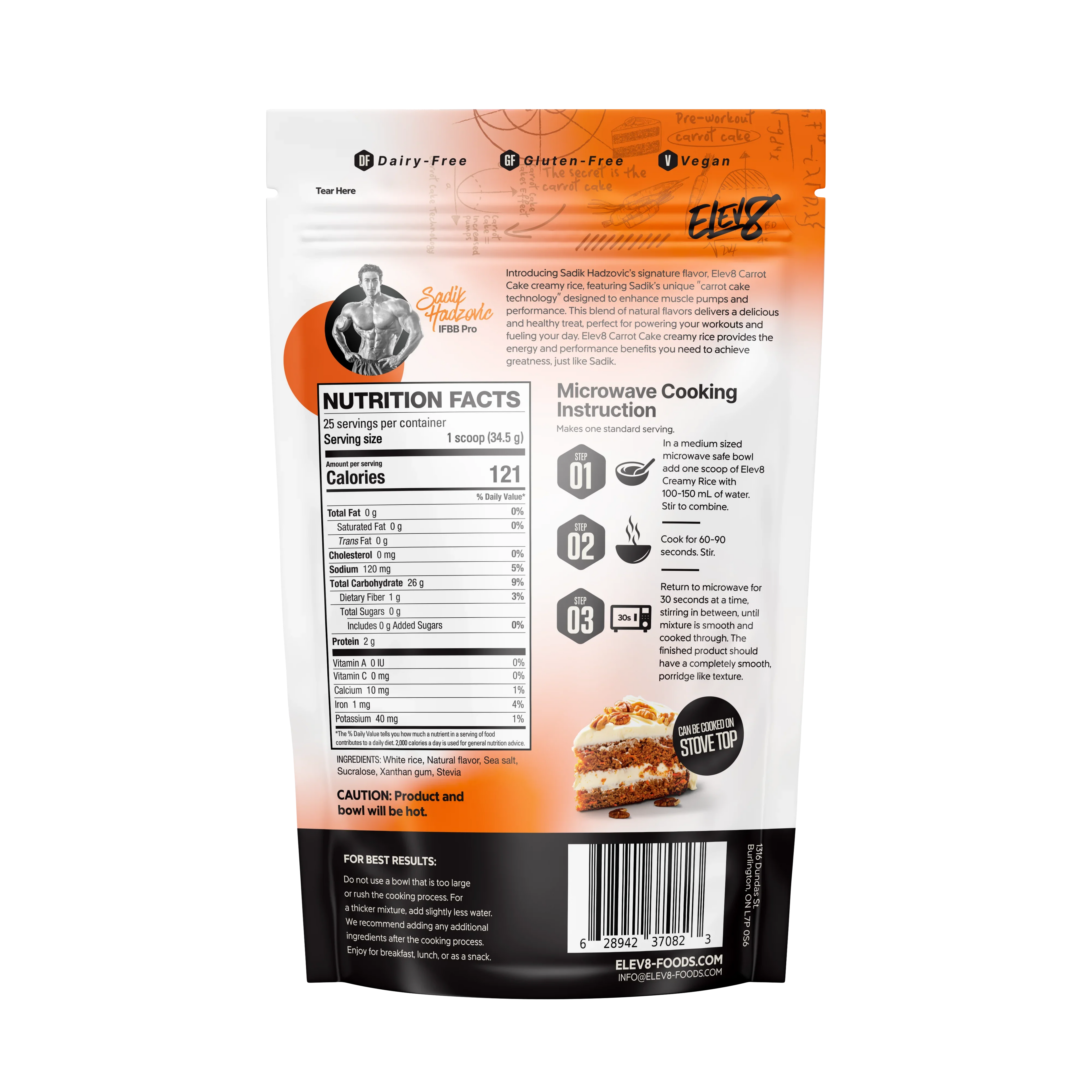 Back of Elev8 Carrot Cake meal mix bag with nutrition facts, cooking instructions, and carrot cake image.