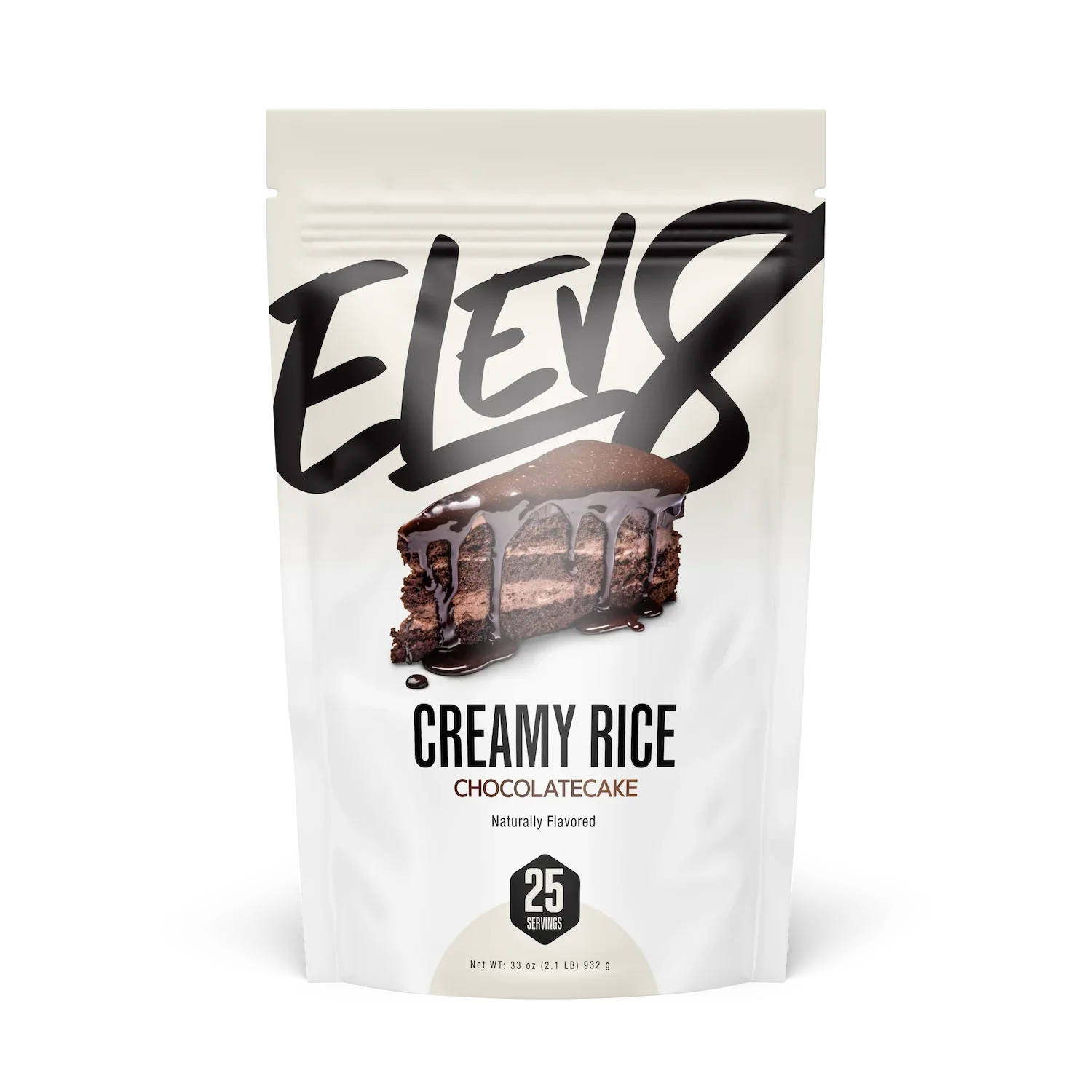Elev8 Creamy Rice chocolate cake flavored protein powder pouch front view