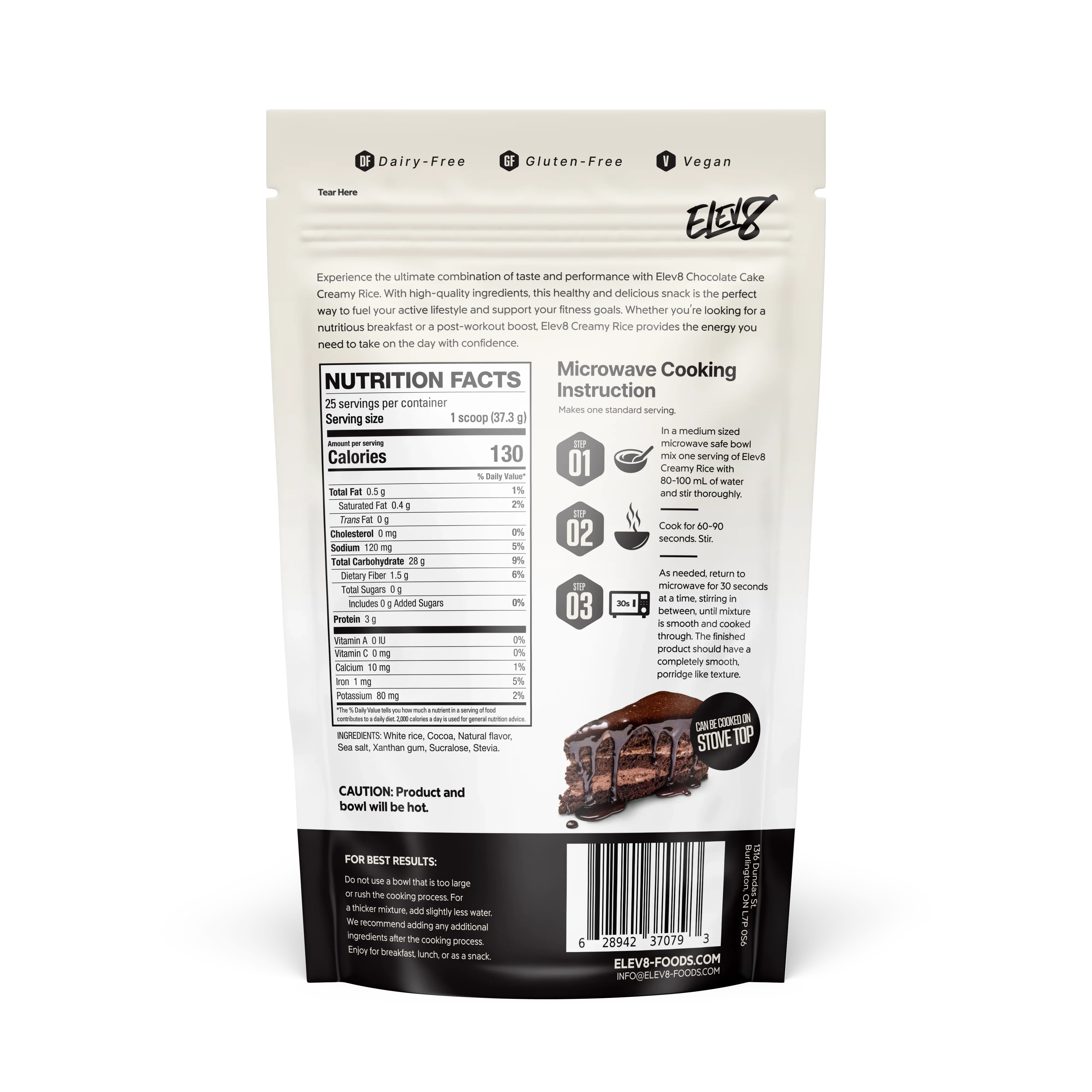 Back of Elev8 Chocolate Creamy Rice pouch with nutrition facts, instructions, and product image