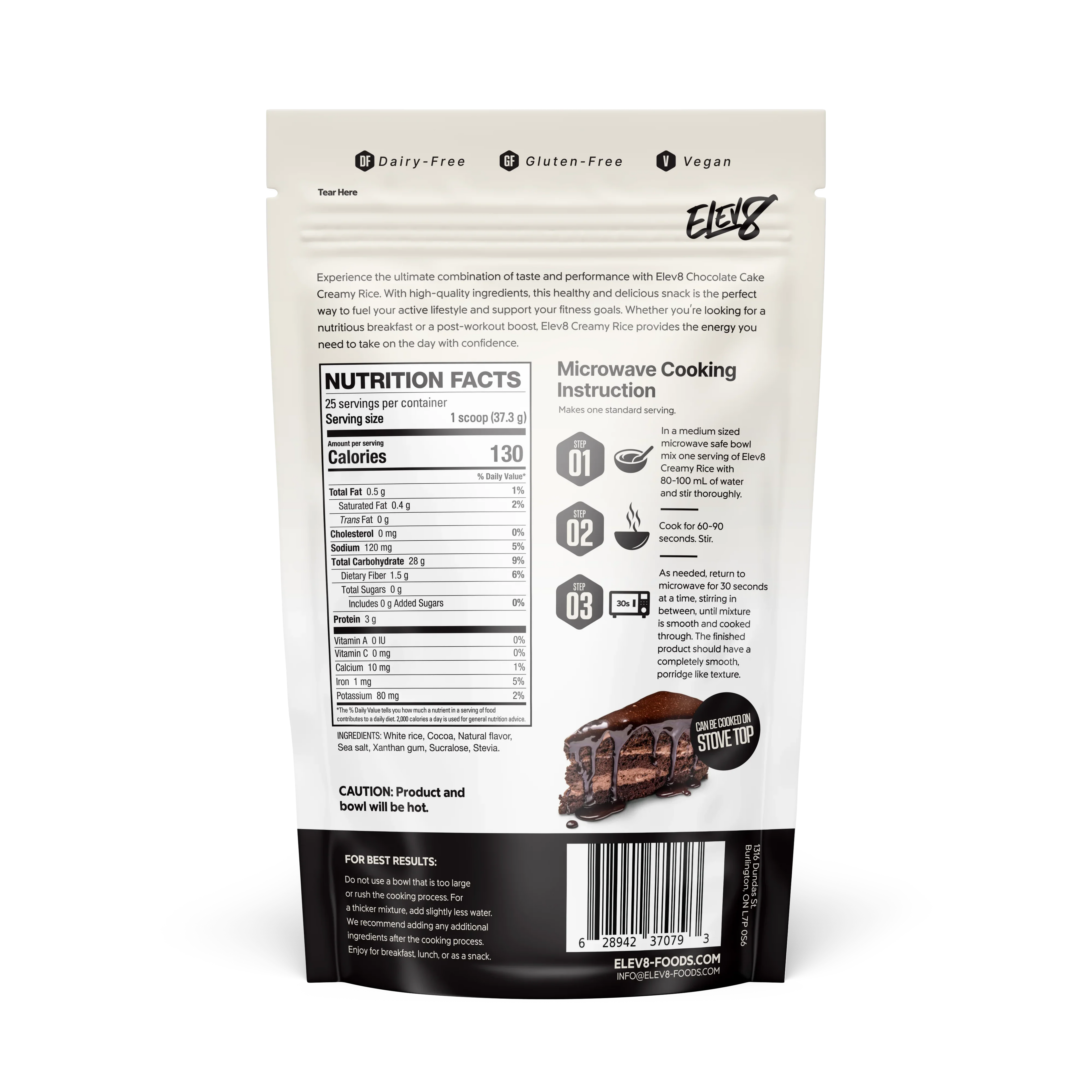 Back of Elev8 Chocolate Creamy Rice pouch with nutrition facts, instructions, and product image