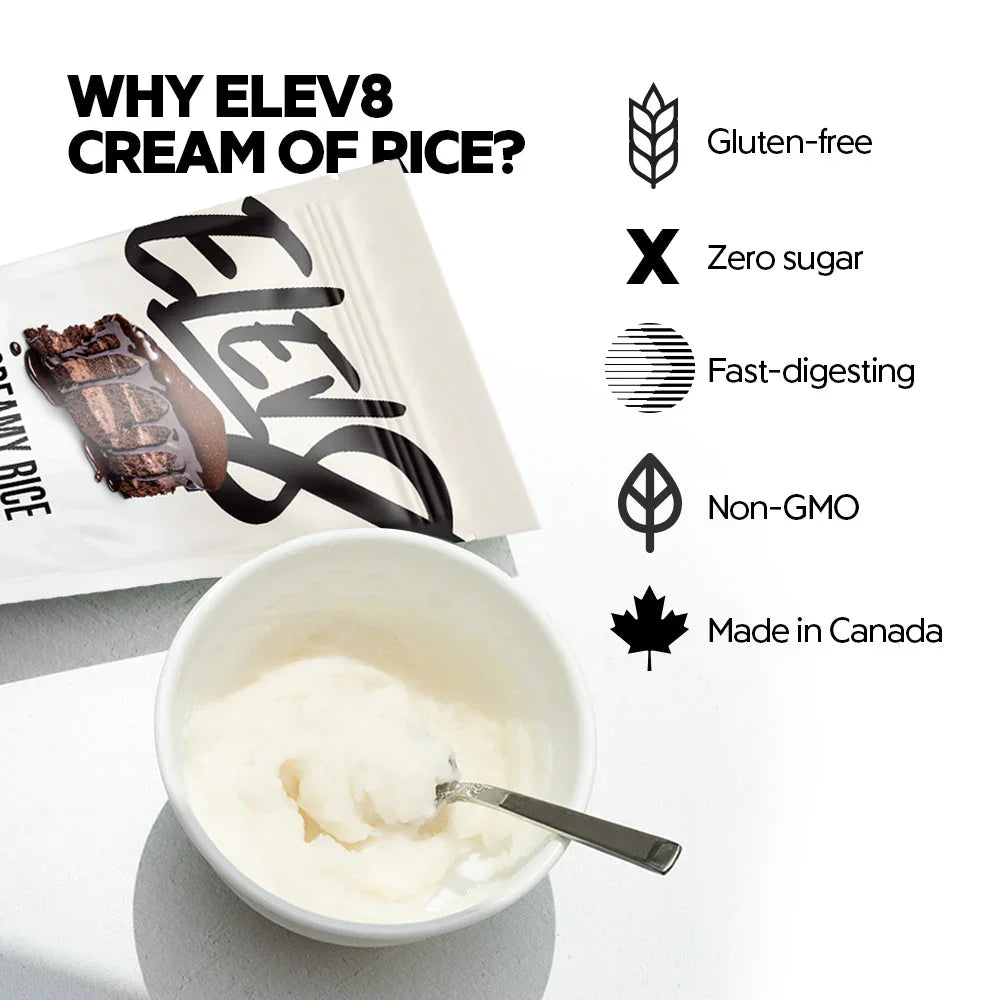 Elev8 cream of rice packet beside a bowl with spoon, gluten-free, zero sugar, non-GMO, Canada-made.