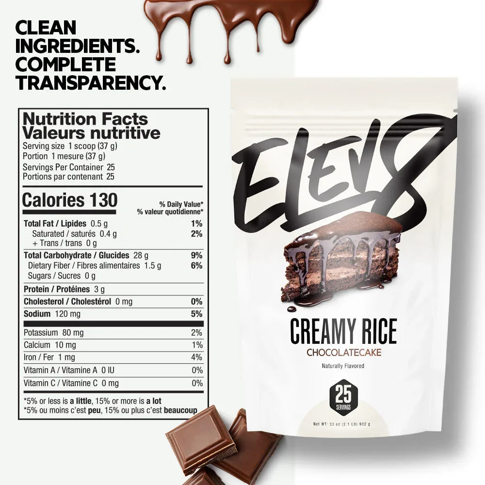 Elev8 Creamy Rice Chocolate Cake flavor bag with chocolate pieces, nutrition facts, and chocolate drizzle.