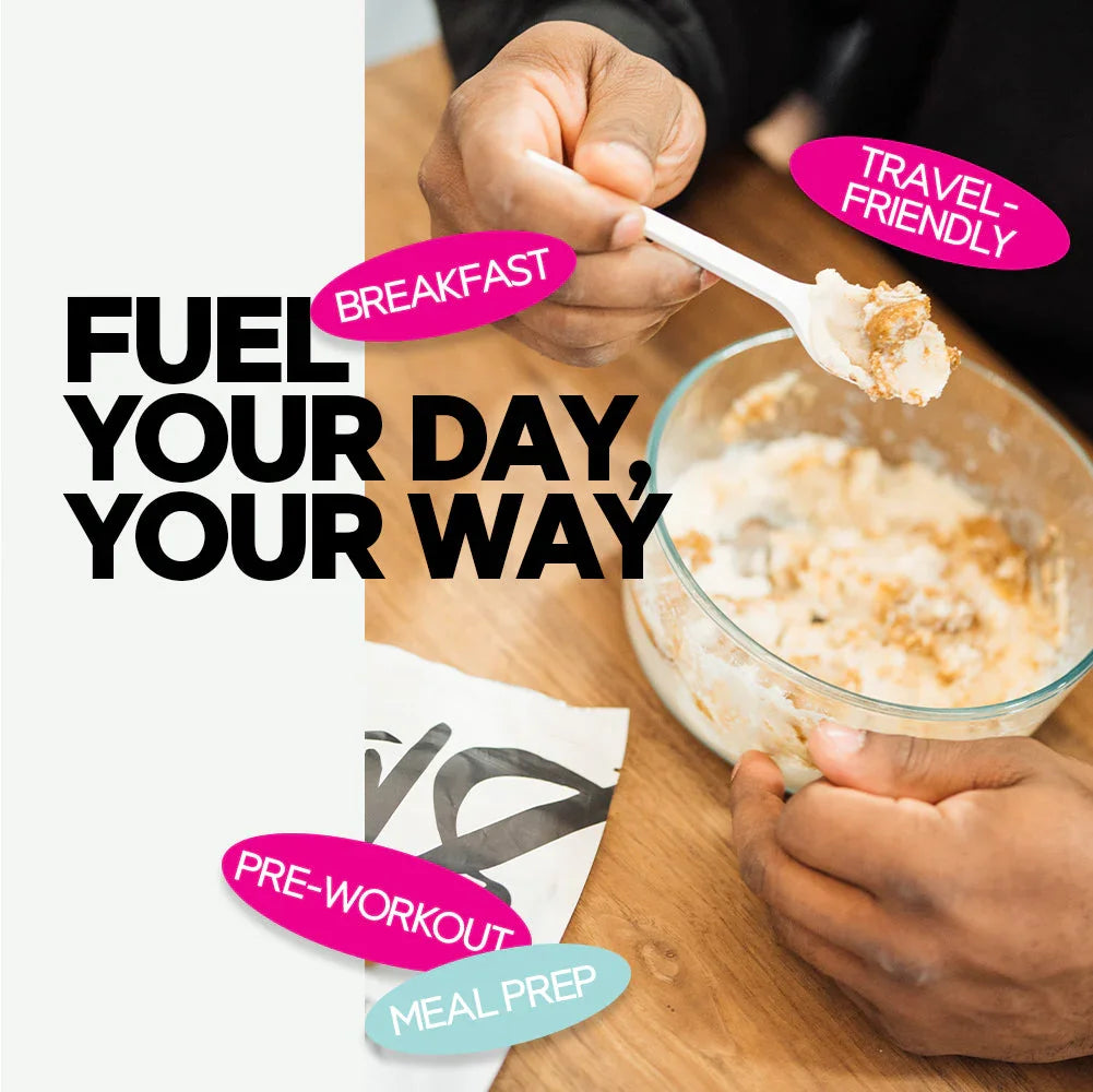 Person eating breakfast from a glass bowl with text about meal prep, travel-friendly food