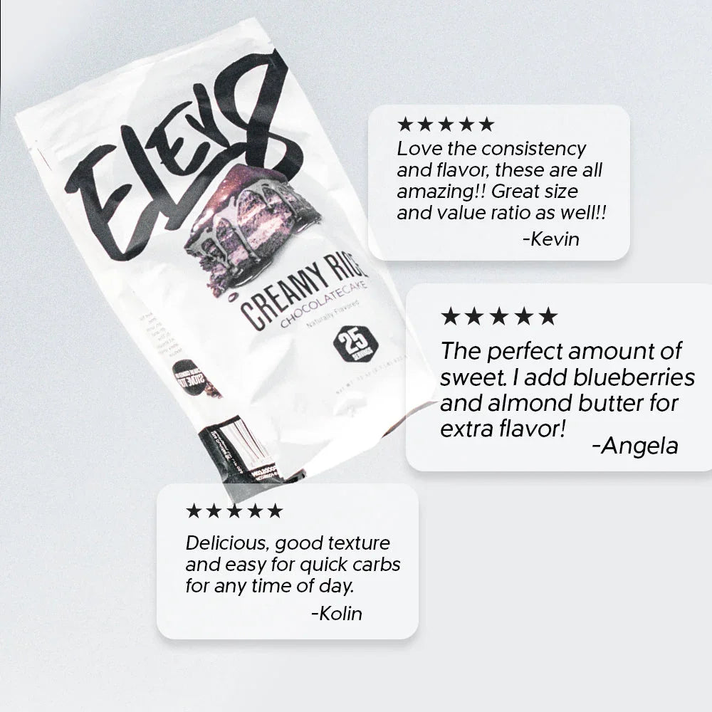 Elev8 Creamy Rice Chocolate Cake packet with customer reviews and ratings
