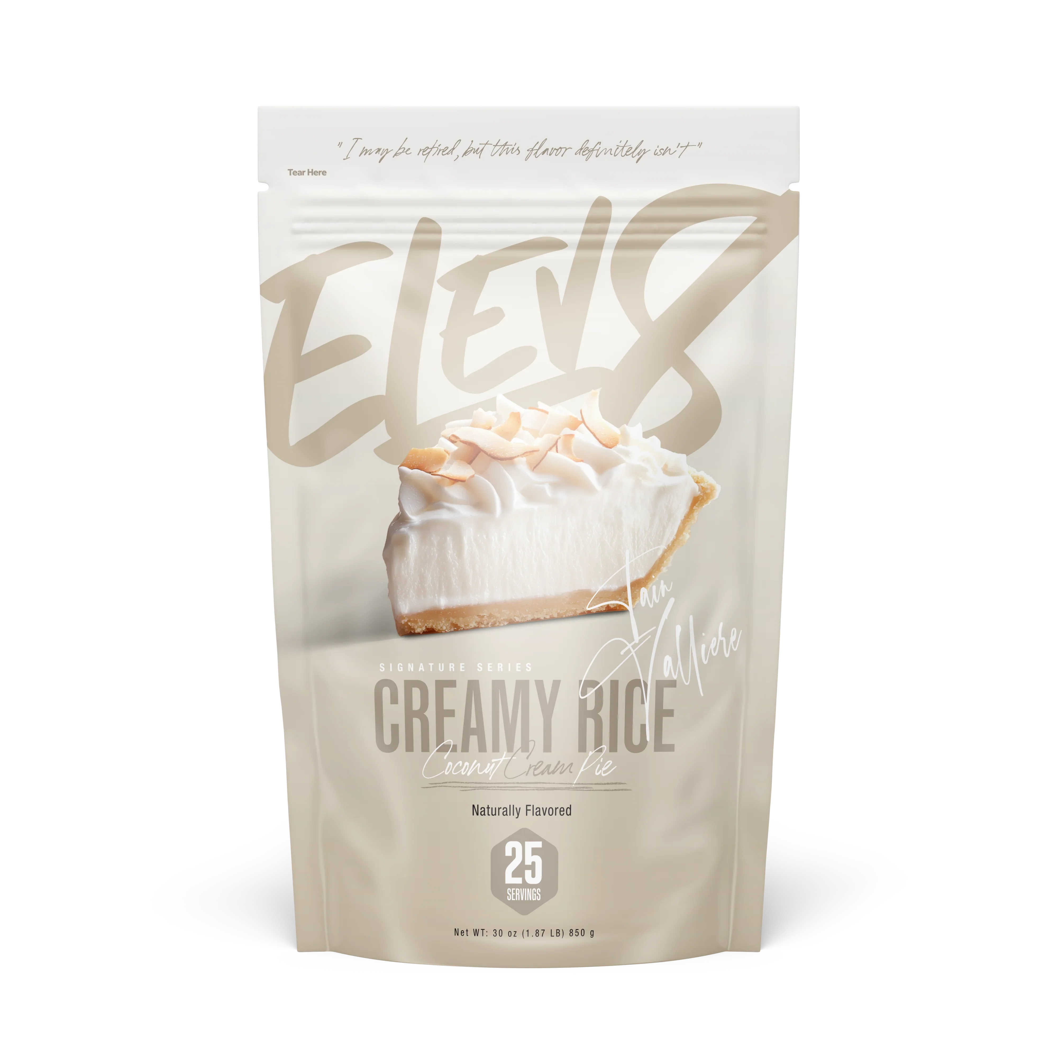 Elev8 Creamy Rice Coconut Cream Pie flavor pouch with pie slice graphic, 25 servings