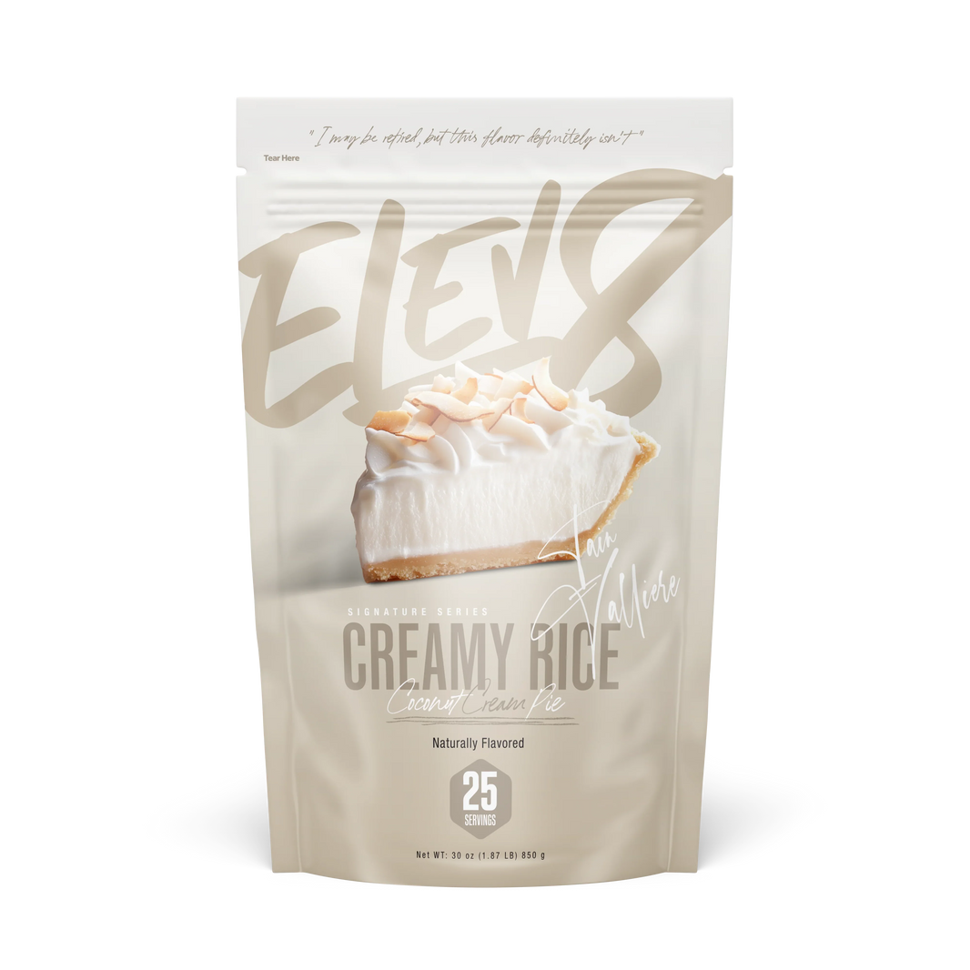 Elev8 Creamy Rice Coconut Cream Pie flavor pouch with pie slice graphic, 25 servings