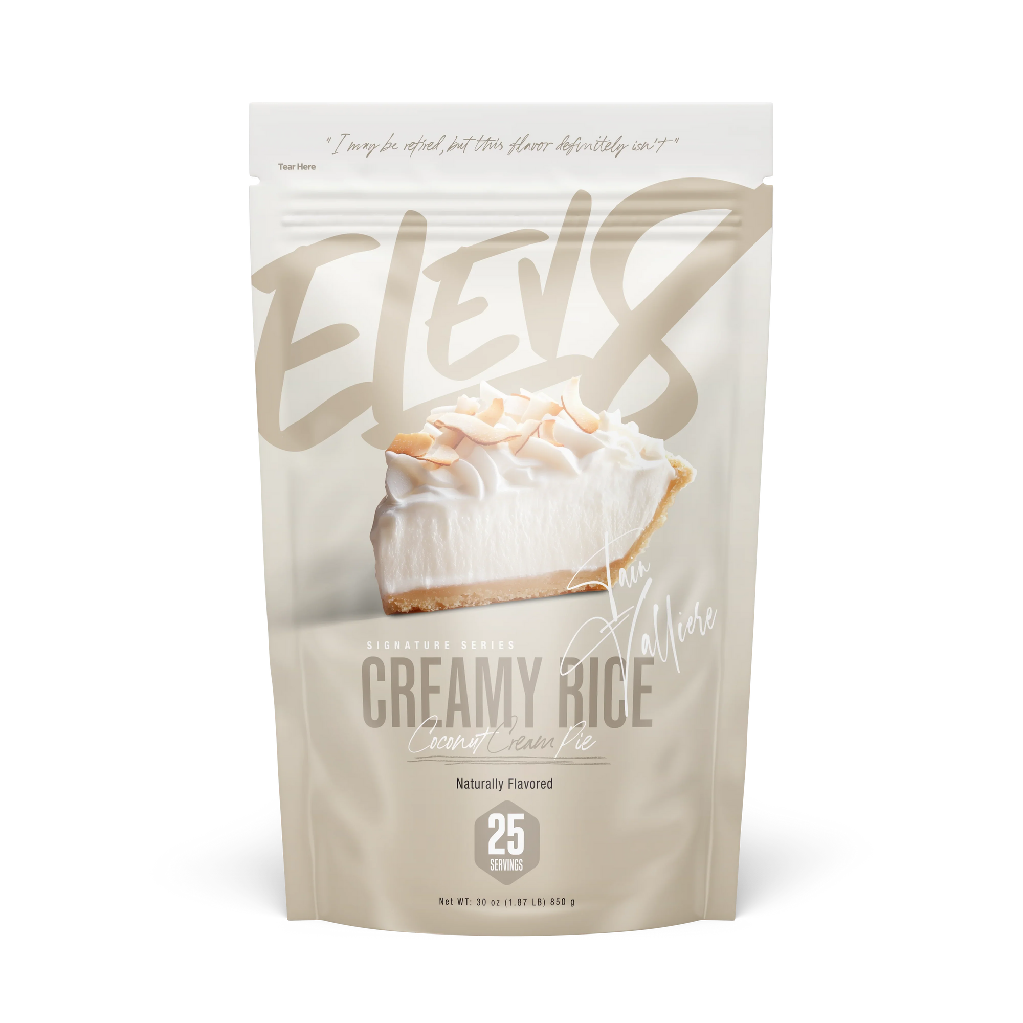Elev8 Creamy Rice Coconut Cream Pie flavor pouch with pie slice graphic, 25 servings