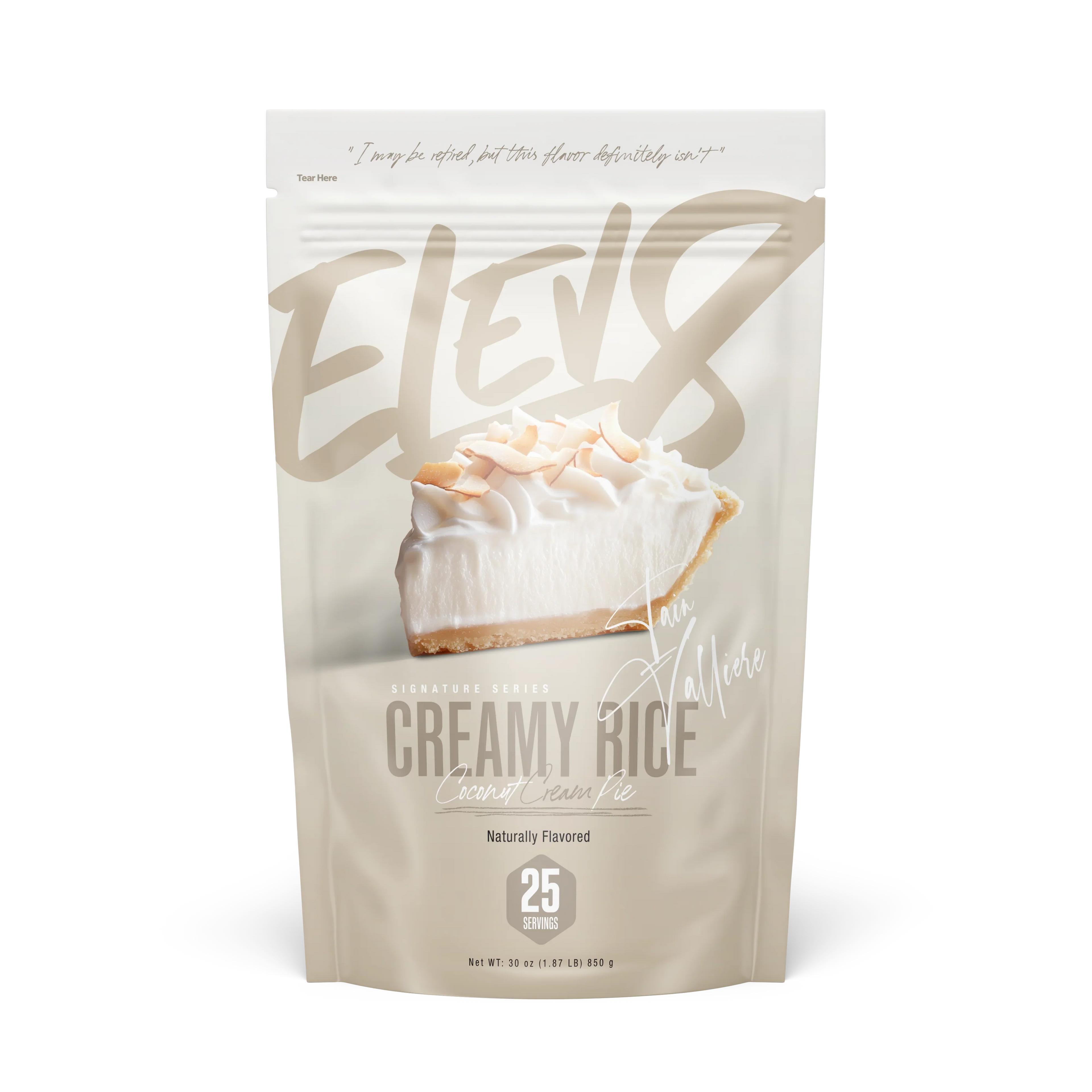 Elev8 Creamy Rice Coconut Cream Pie flavor pouch with pie slice graphic, 25 servings