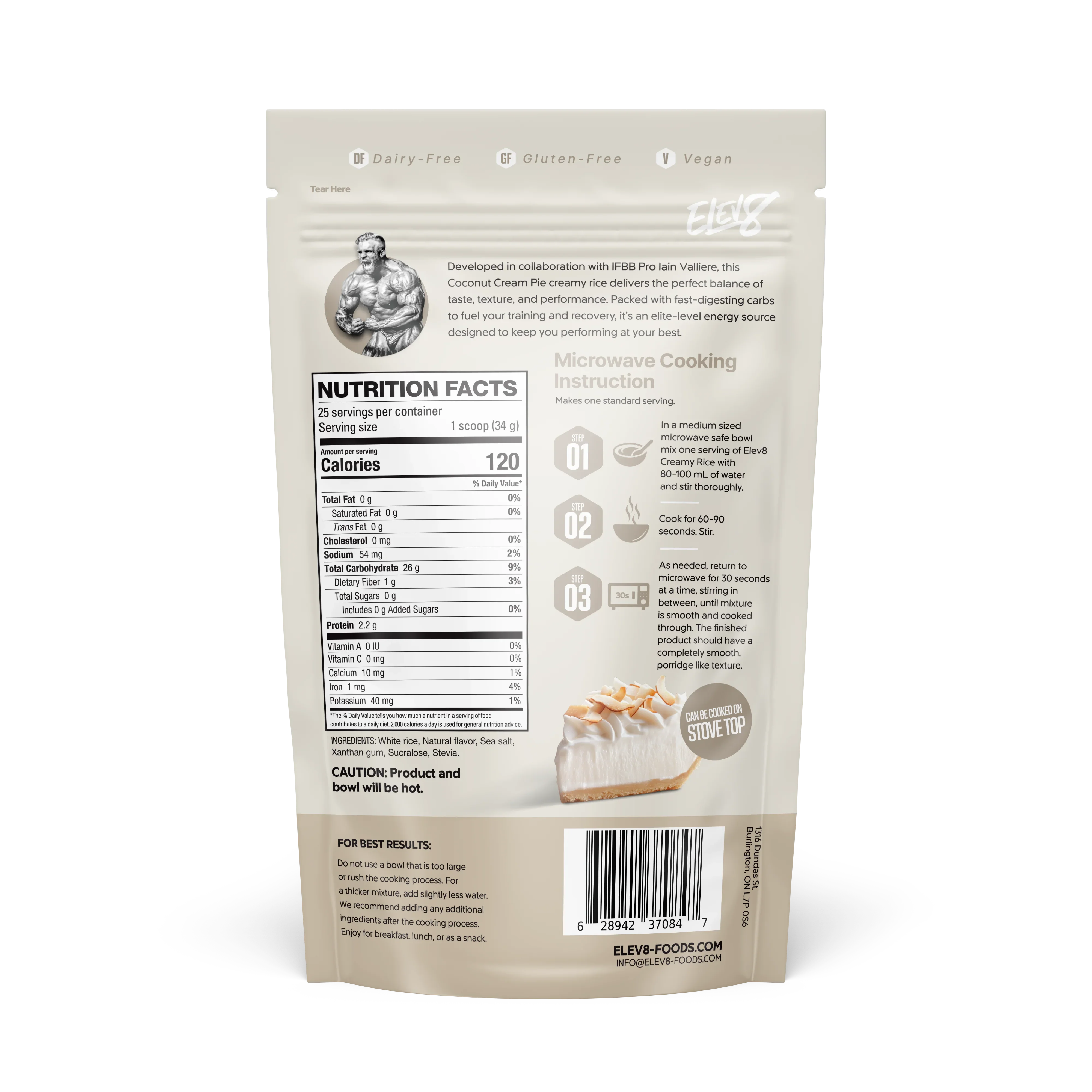 Back view of Elev8 Foods Coconut Cream Pie creamy rice package with nutrition facts and instructions.
