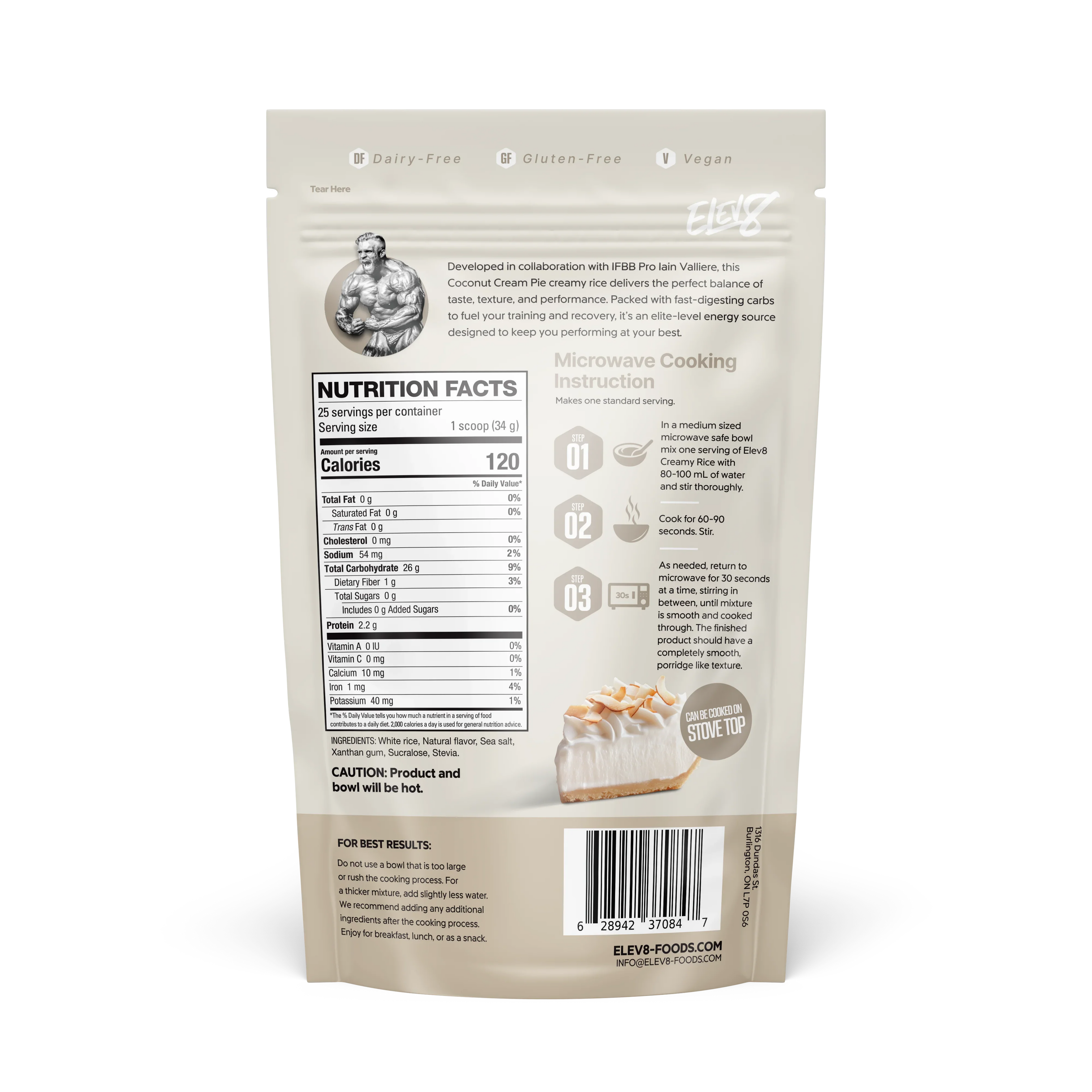Back view of Elev8 Foods Coconut Cream Pie creamy rice package with nutrition facts and instructions.