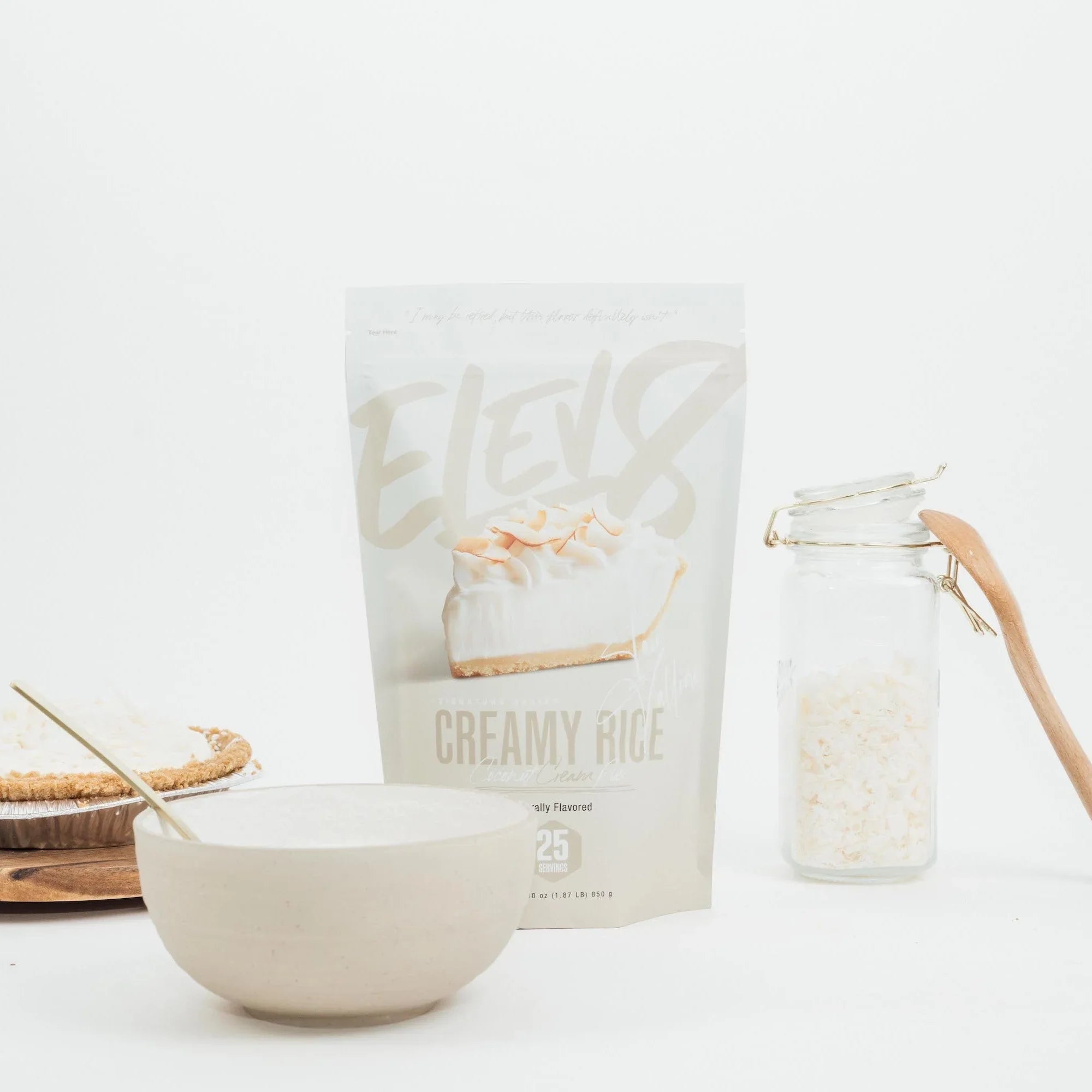 Elev8 Creamy Rice dessert mix with a bowl, pie, and jar on a white background