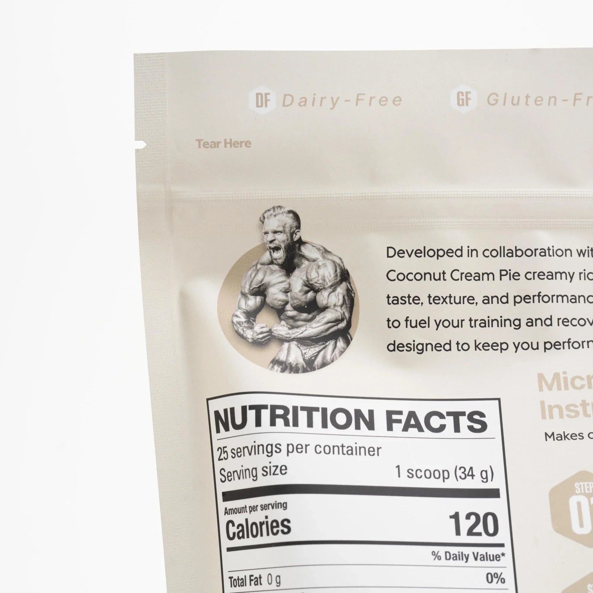 Dairy-free gluten-free protein powder bag with bodybuilder graphic and nutrition facts label