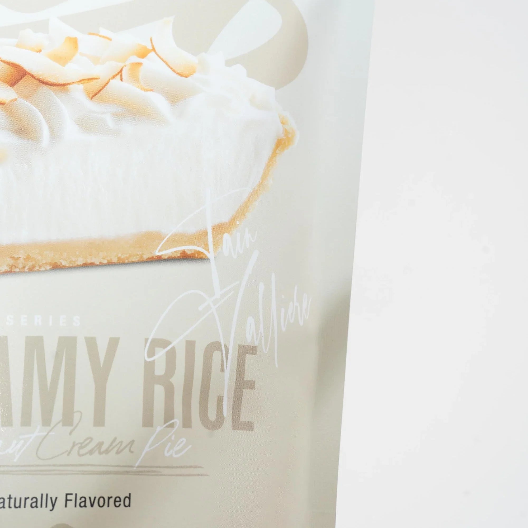 Creamy rice dessert cream pie packaging with pie slice and whipped topping