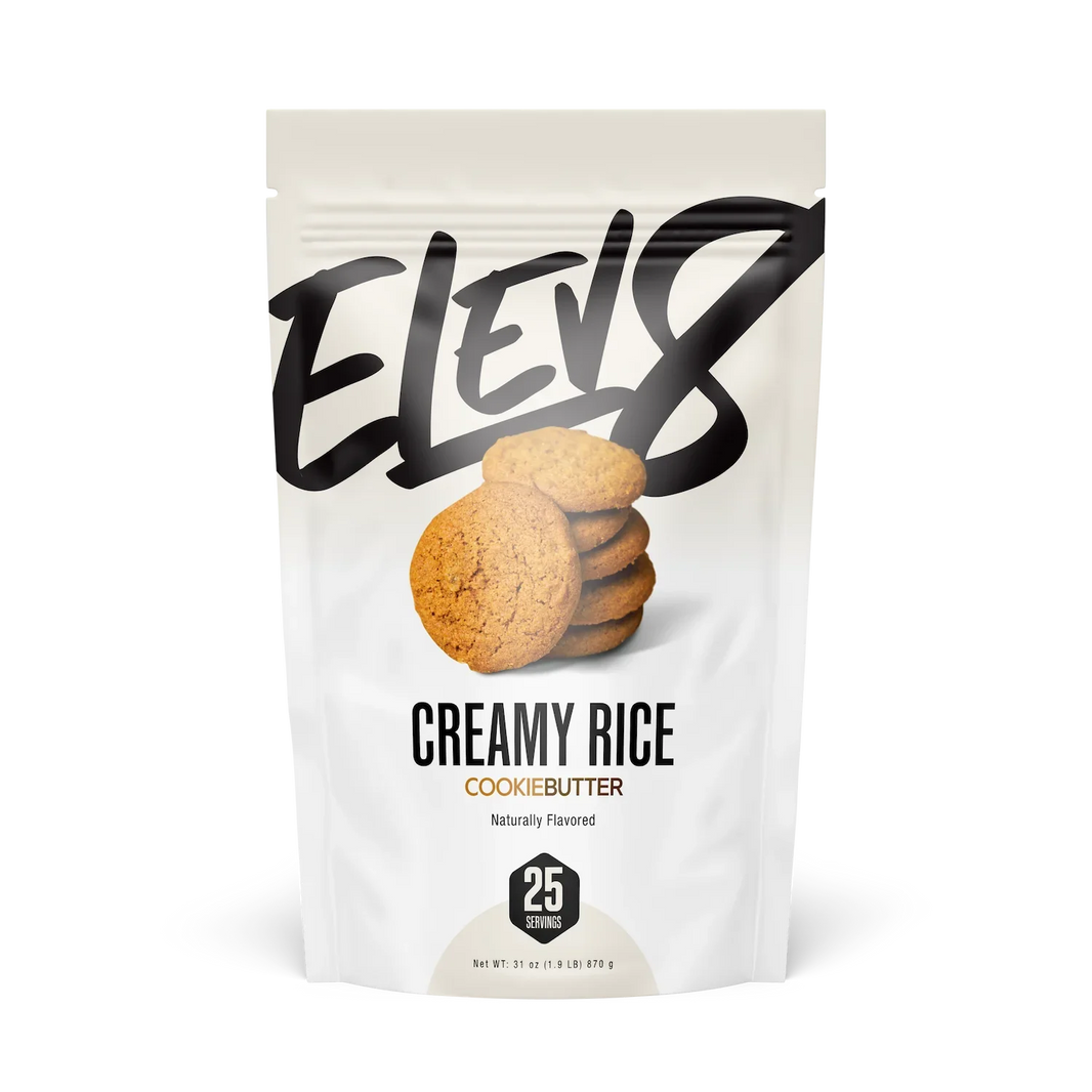 Elev8 Creamy Rice Cookie Butter flavor packaging with stacked cookies on front
