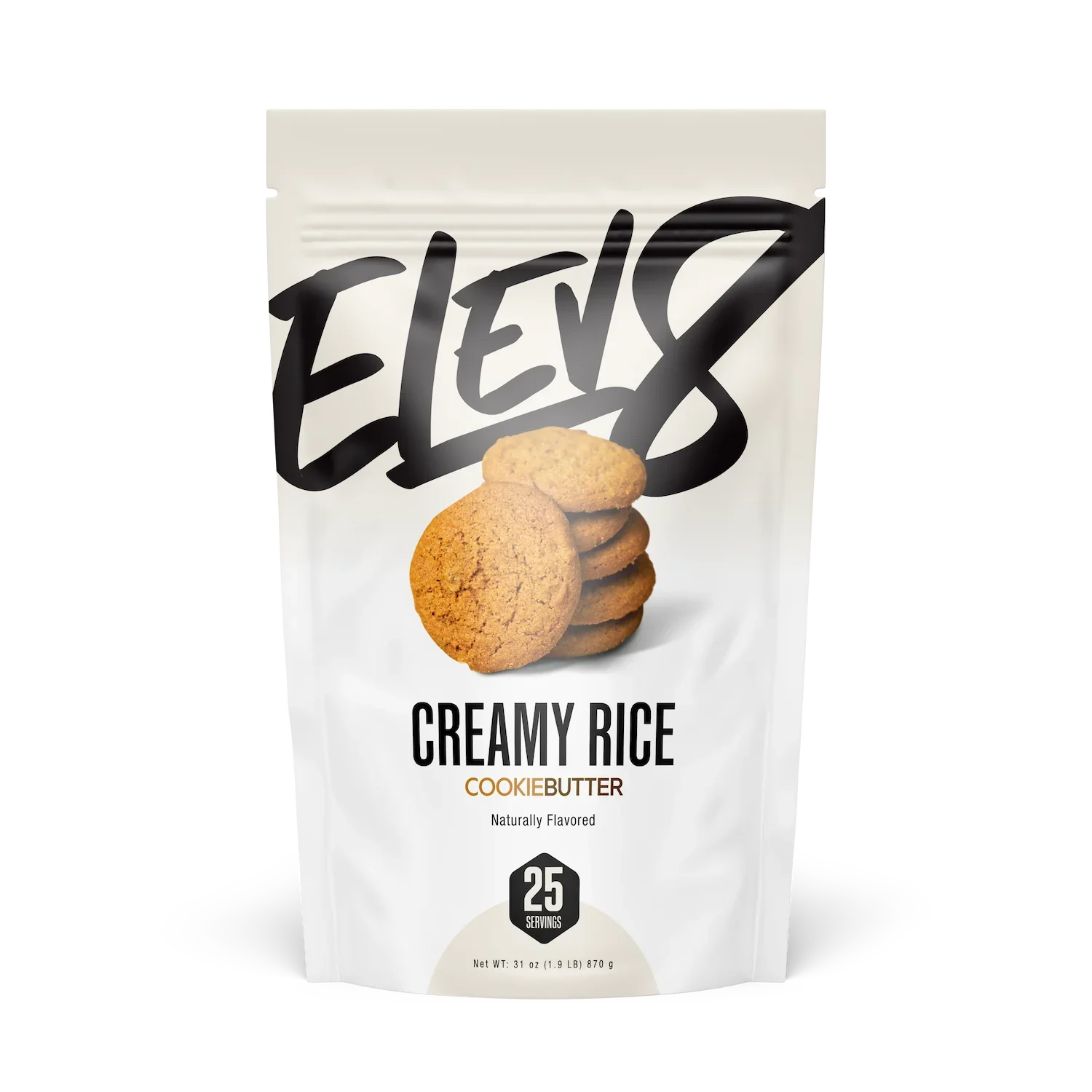 Elev8 Creamy Rice Cookie Butter flavor packaging with stacked cookies on front